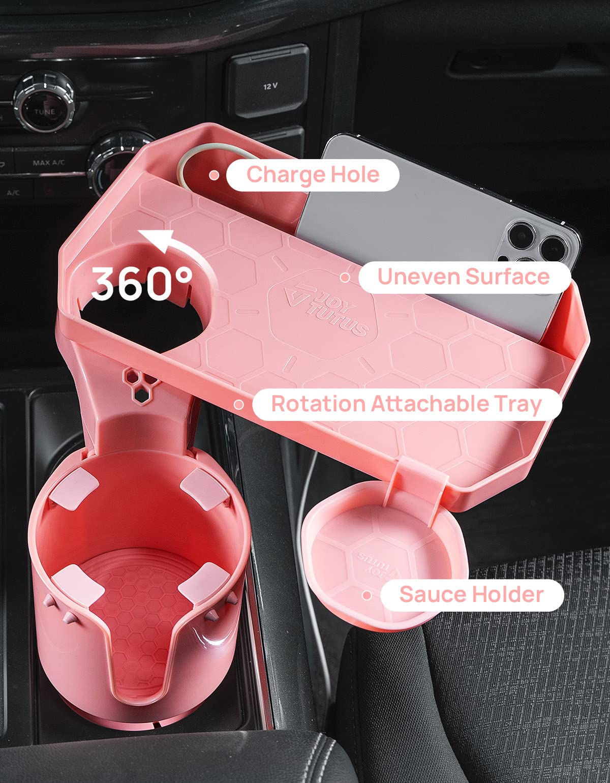 JOYTUTUS Cup Holder Tray for Car, 360° Rotating, Pink, Fits Yeti/Hydro Flask, Detachable Food Table, 1 Pack