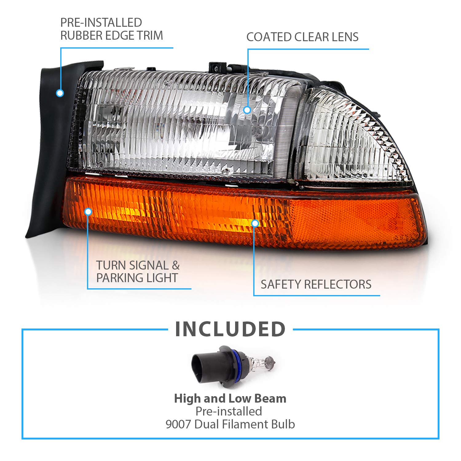 AmeriLite Chrome Headlights Parking Turn Signal Sets for Dodge Dakota/Durango, Pair, Factory Style, Model SUVELAM