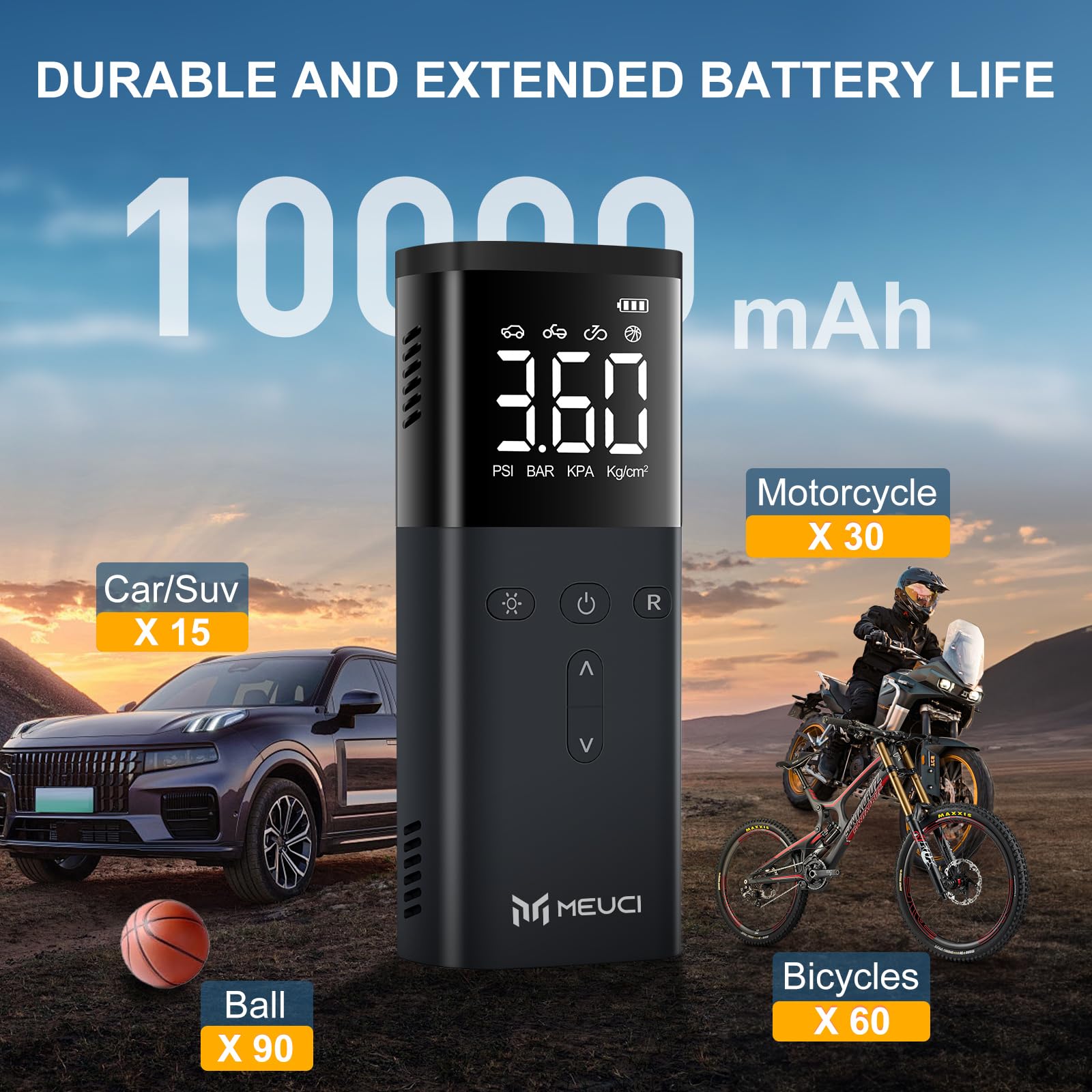 Tire Inflator Portable Air Compressor, 10000Mah Cordless Air Pump For Car Tires, 150Psi Electric Bike Tire Pump With Pressure Ga