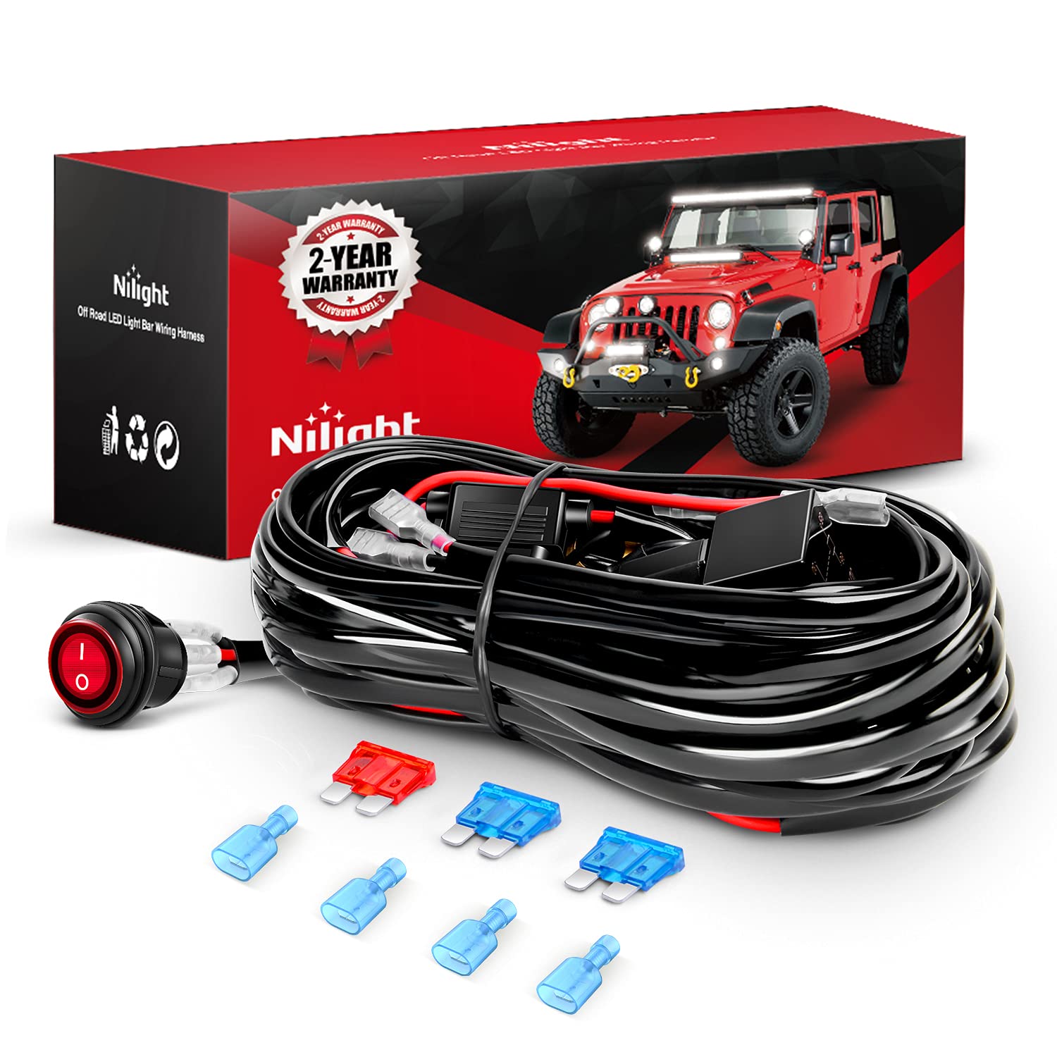 Nilight Led Light Bar 15 Ft Wiring Harness Kit - 2 Leads 16Awg 12V On Off Switch Power Relay Blade Fuse For Off Road Lights Led