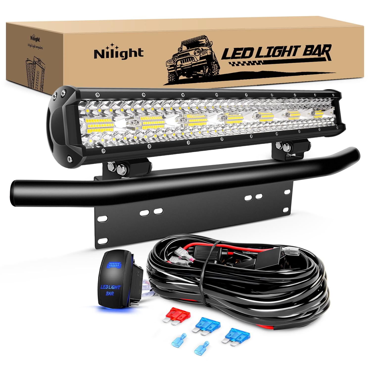 Nilight 20 Inch 420W Triple Row Flood Spot Combo 42000Lm Light Bar Driving Boat Led Off Road Lights With Front License Plate Fra