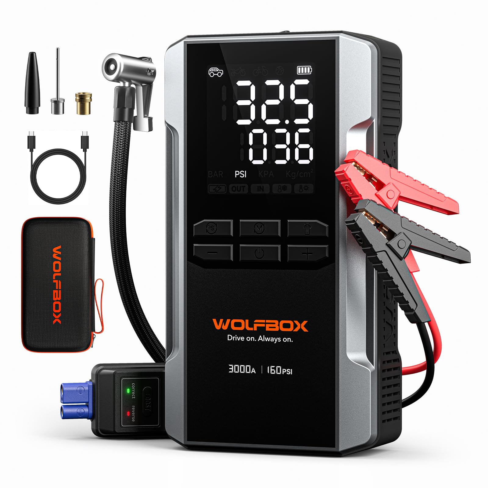 WOLFBOX 3000A Jump Starter with Air Compressor, 16000mAh&160PSI Portable Car Battery Jump Starter with 65W Fast Charge, 12V Batt