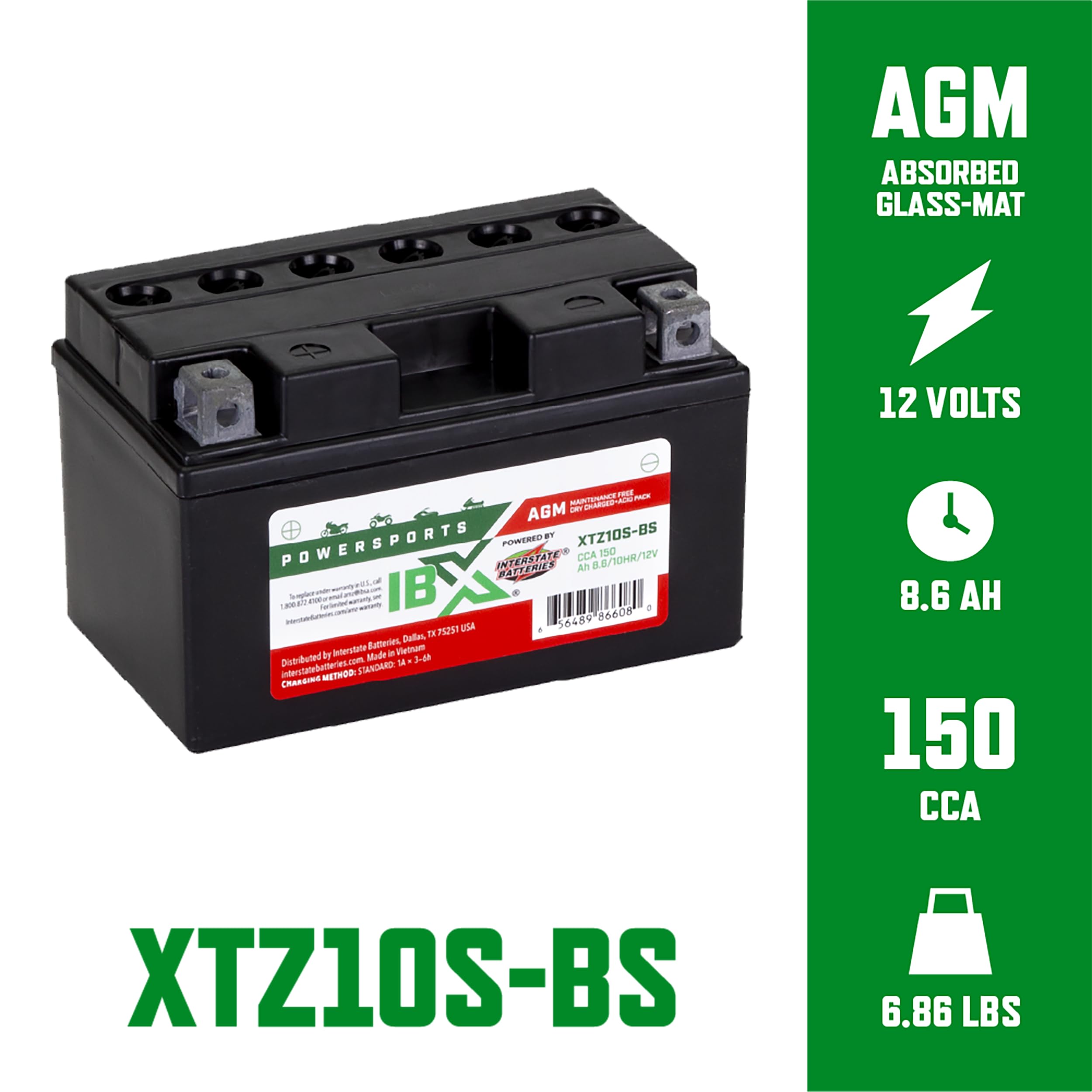 Interstate Batteries YTZ10S-BS 12V 8.6Ah AGM Powersports Battery for BMW, Honda, Kawasaki, Yamaha, ATVs, Motorcycles, Scooters