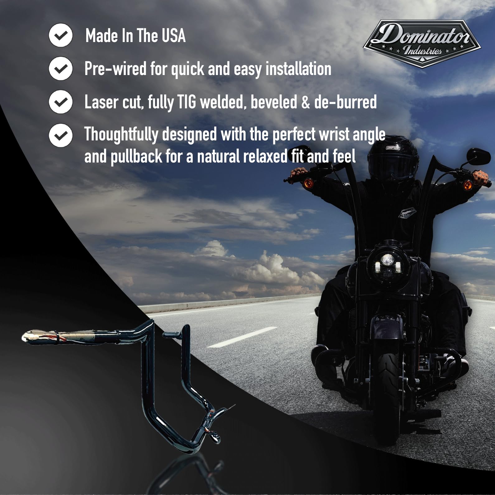 Dominator Industries 12" Meathook Bar Ape Hangers Handlebars for 2014-2023 Harley-Davidson Bagger Touring, Gloss Black