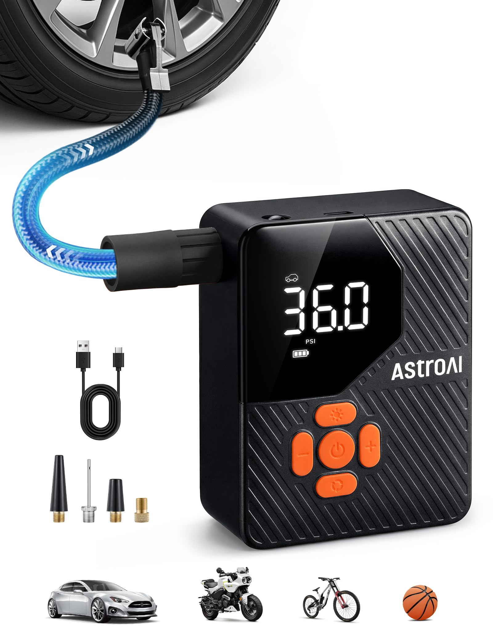 AstroAI L7 Mini Tire Inflator Portable Air Compressor,150 PSI Cordless Car Tires Air Pump with LED Lights&Pressure Gauge,Auto Sh