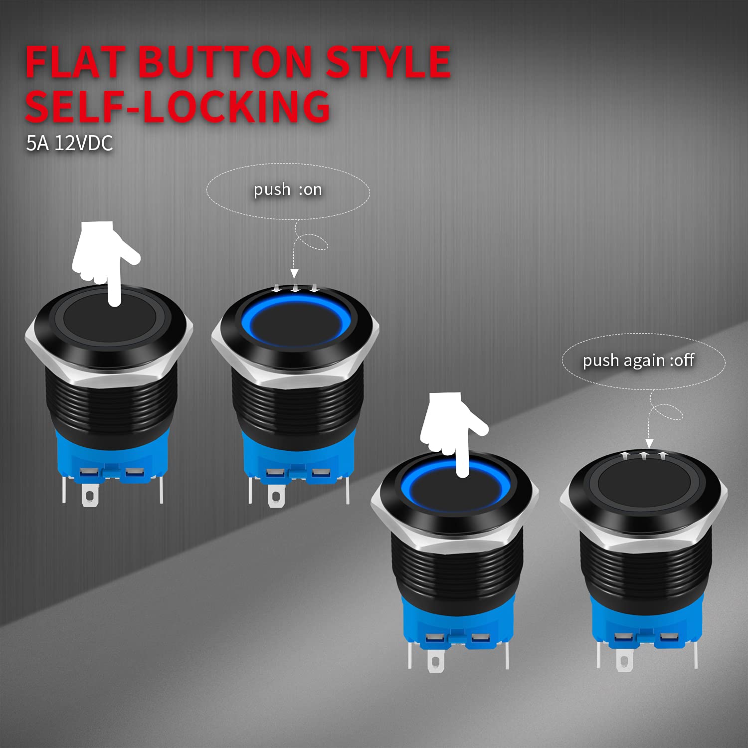 Daiertek 22Mm Latching Push Button Switch 12V Waterproof Blue Led Metal Push Button Switch 12 Volt Dc On Off Spdt Maintained Pus