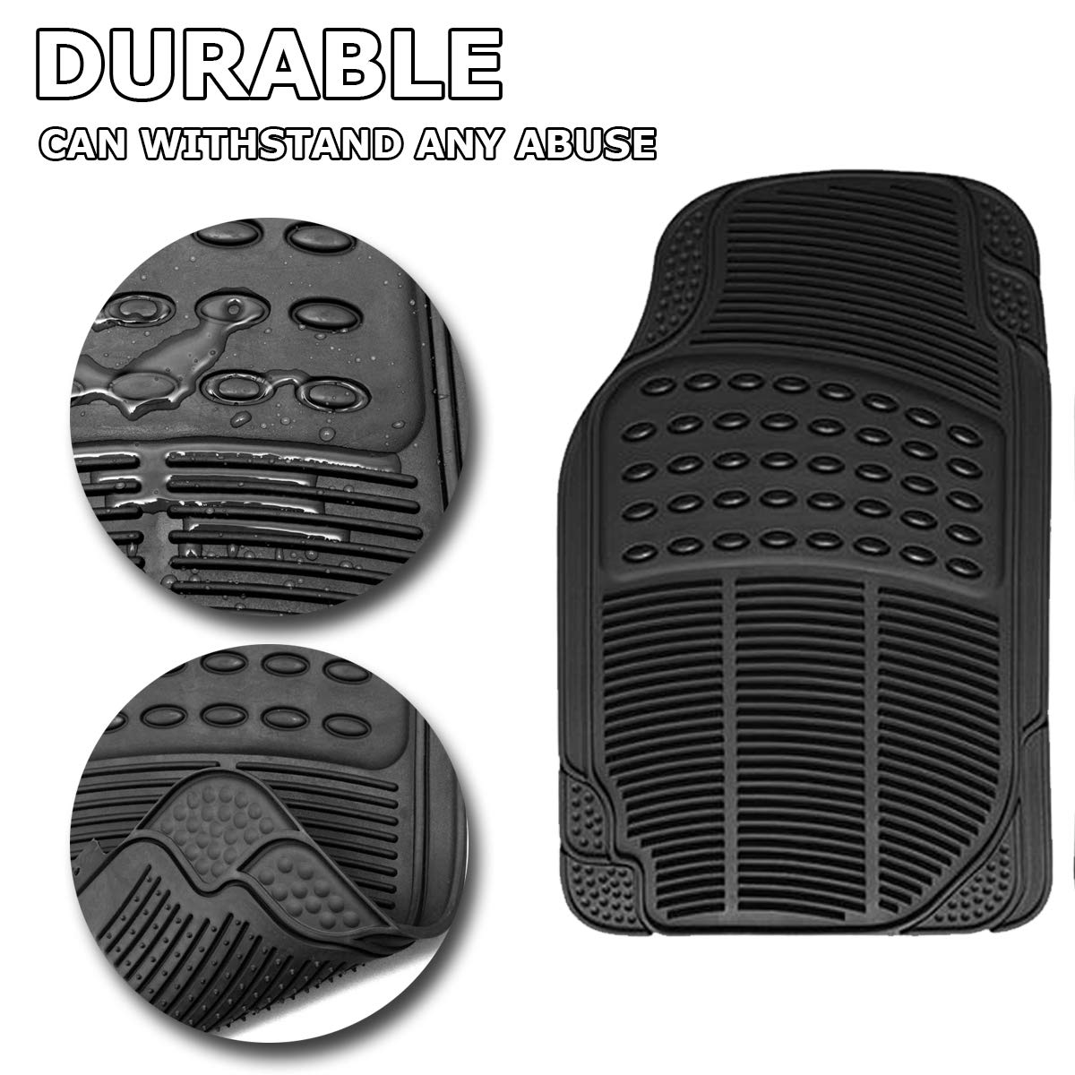 Car Suv Floor Mat By Vaygway - 4 Piece Heavy Duty Set - 3 Row Vehicle All Weather Floor Mats - Black Trimmable Universal Fit Rub