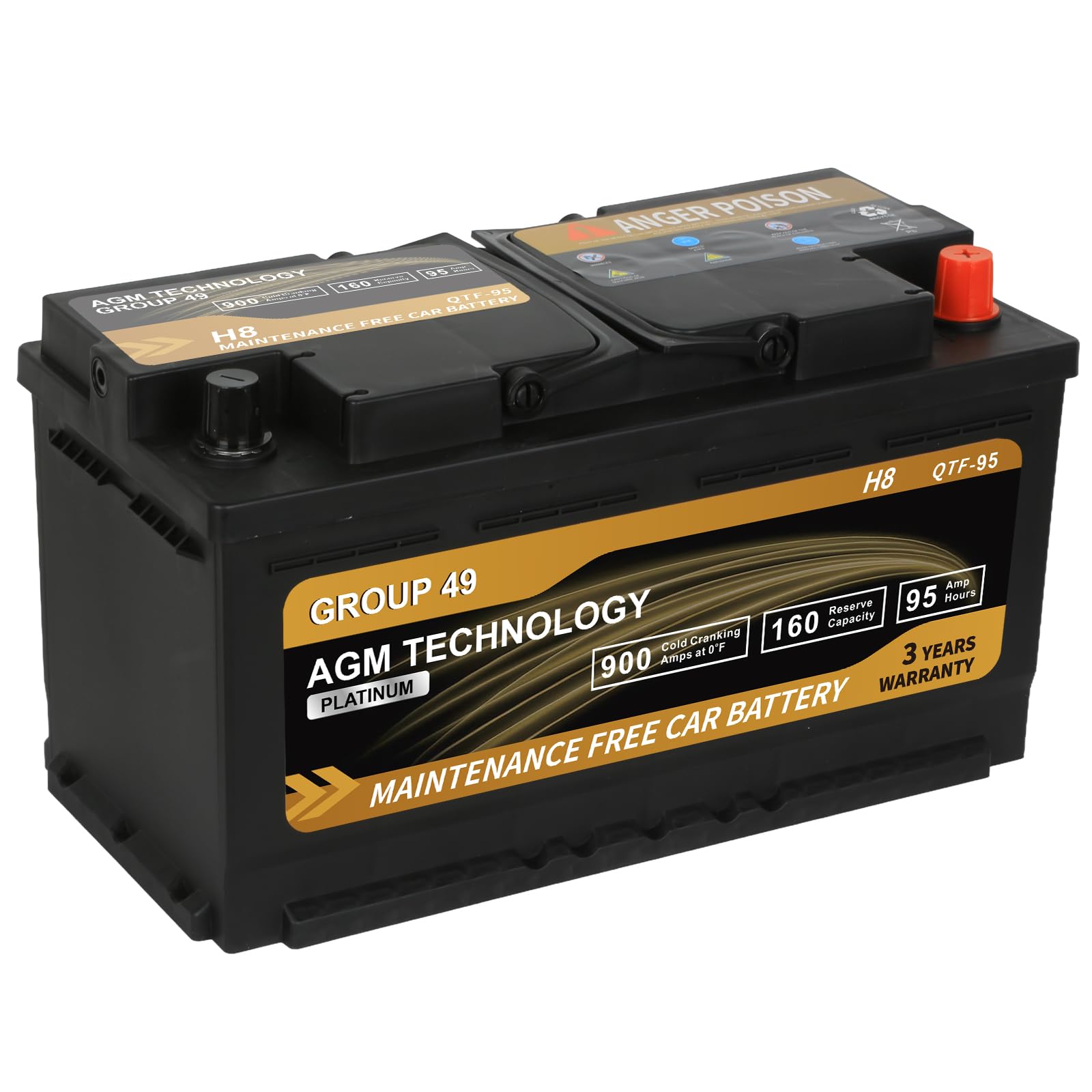 Daakmax Platinum AGM Car Battery Group Size 49 H8, 12V 95Ah, 900 CCA, 160 RC, Rechargeable Start-Stop Automotive Battery with 36