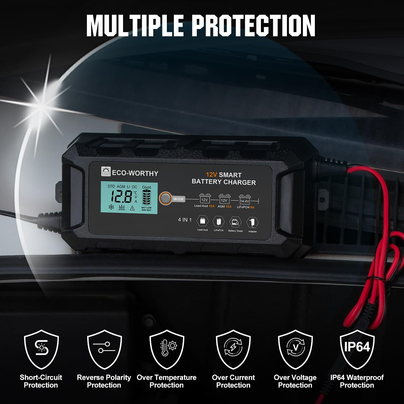 ECO-WORTHY 10-Amp 12V Smart Fully Automatic Battery Charger Maintainer Trickle Charger for Lead Acid LiFePO4 Battery Car Motorcy