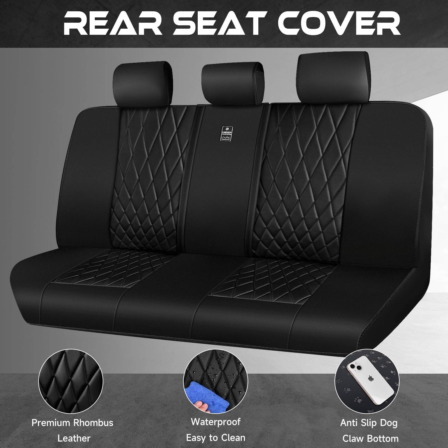 CAR PASS Luxury Faux Leather Rear Bench Seat Covers, Waterproof, Anti-Slip, Universal Fit, All Black, Model ZT122-BK1-HP