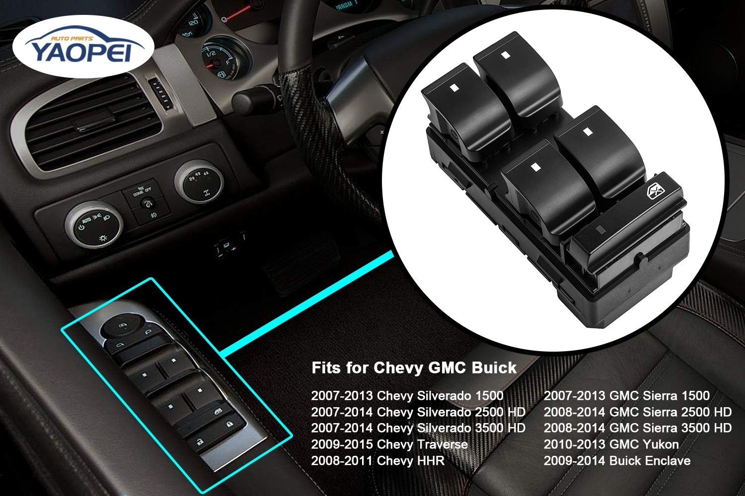 YAOPEI Driver Side Master Power Window Switch 20945129 Black for 2007-2013 Chevy Silverado GMC Sierra Yukon HHR 1500 2500HD 3500HD