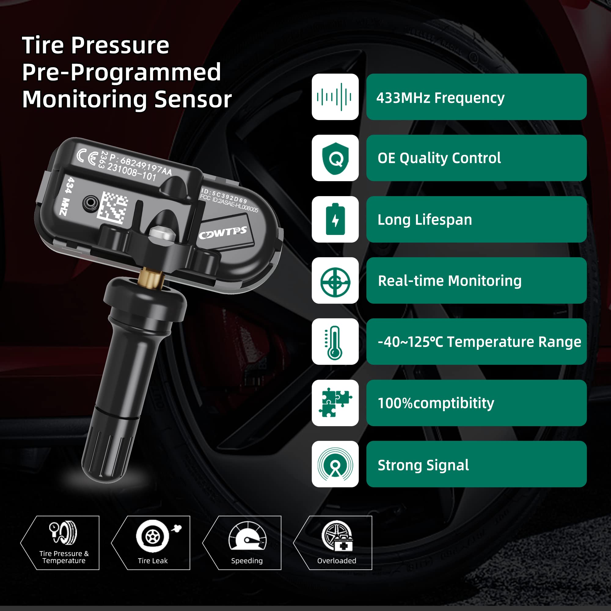 Cdwtps Tire Pressure Monitor Sensors, 434Mhz, Compatible With 2014-2021 Dodge Ram Jeep Cherokee, Replace#68249197Aa
