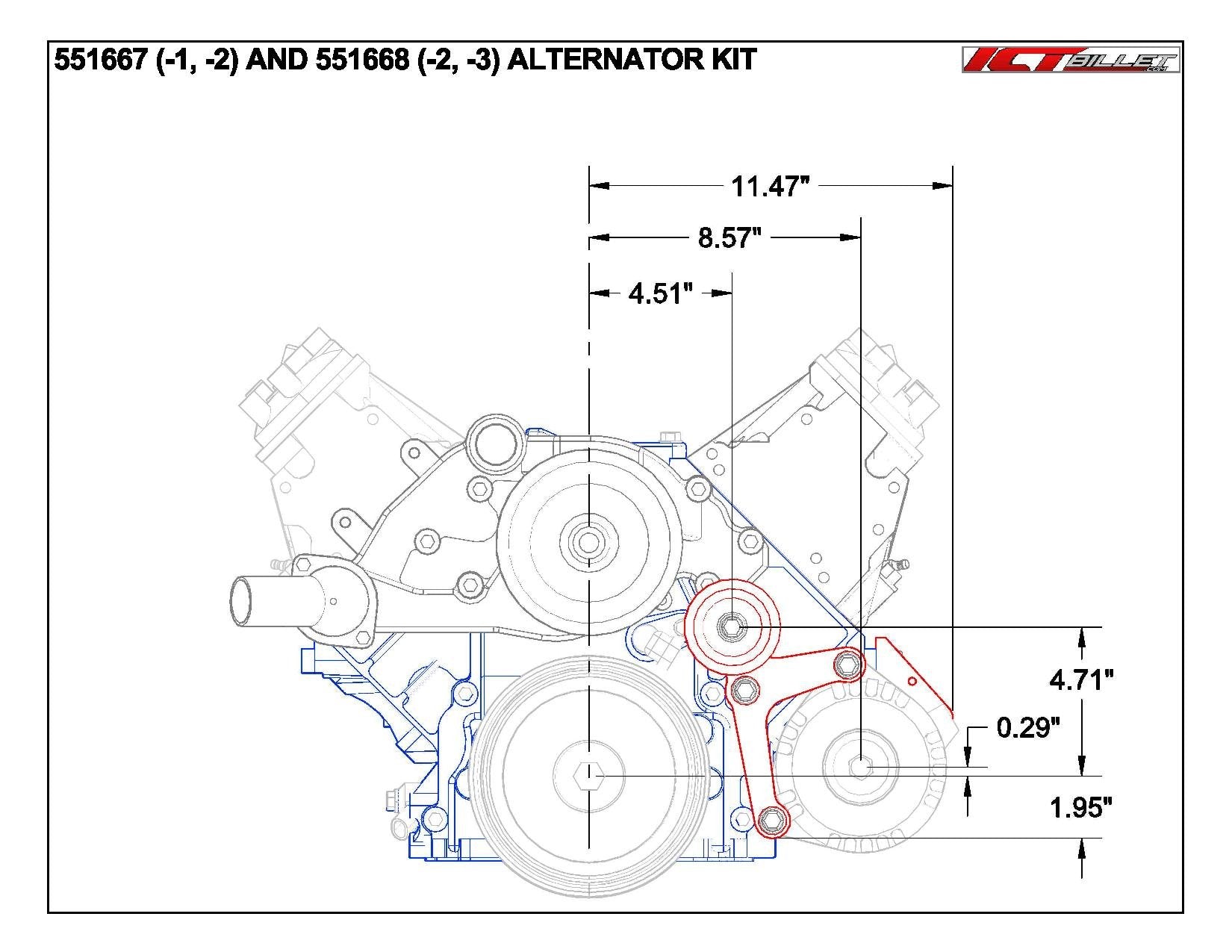 ICT Billet LS Billet Alternator Bracket Low Mount for Chevy Corvette, CNC Machined Aluminum, Model 551667-1, Natural Finish
