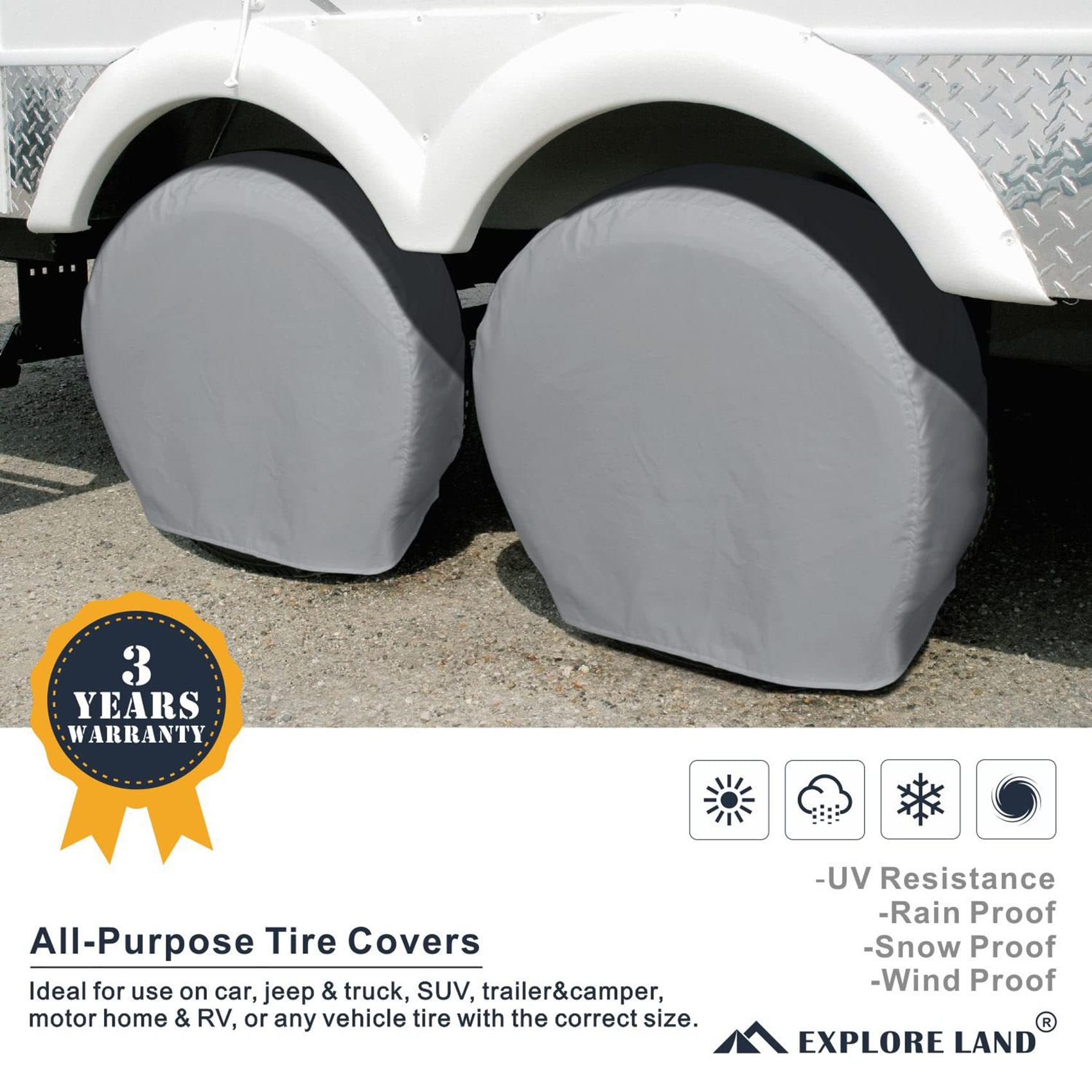 Explore Land Tire Covers 2 Pack - Toughtire Wheel Protector For Truck, Suv, Trailer, Camper, Rv - Universal Fits Tire Diameters 23-25.75 Inches, Charcoal