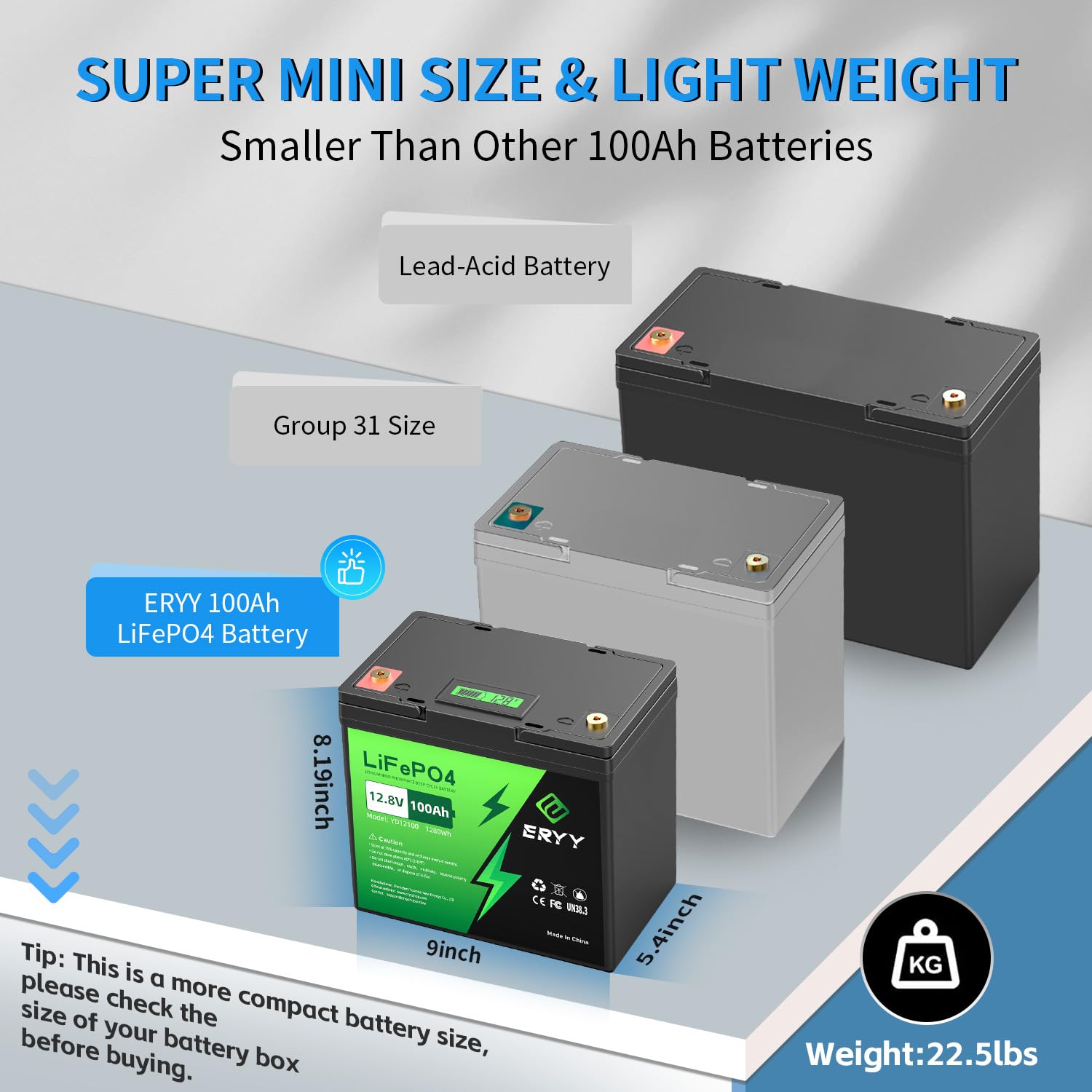 Eryy 12V 100Ah Lifepo4 Battery, High Density 100Ah Lithium Battery 12V With 100A Bms, Voltmeter, 5000+ Rechargeable Deep Cycle M