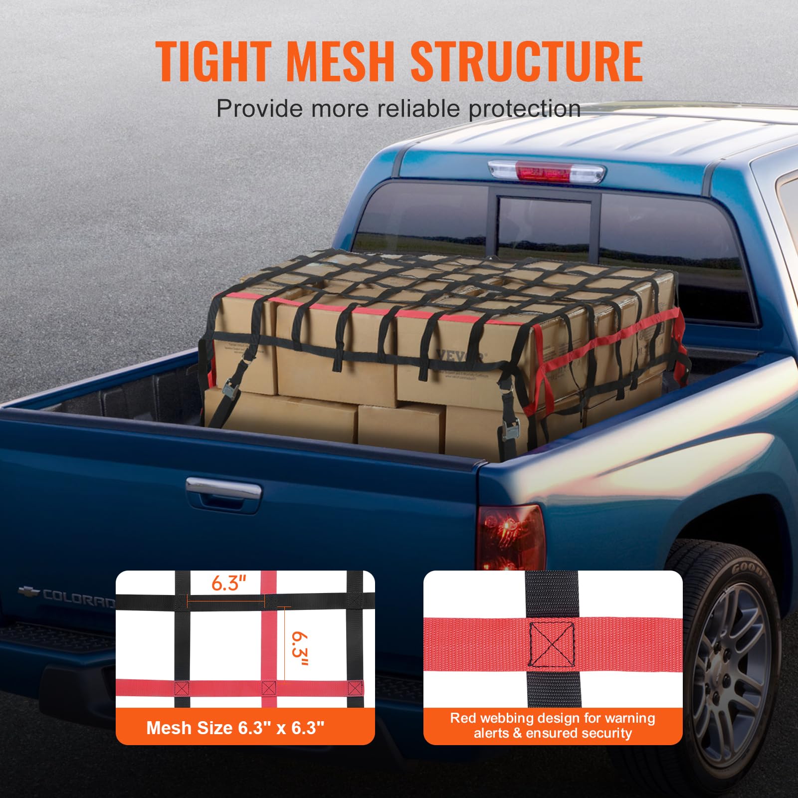 VEVOR Cargo Net, 96 in x 72 in, Heavy Duty Truck Cargo Net for Truck Bed, 4 Adjustable Straps with Buckles and S-Hooks, Wear-Res