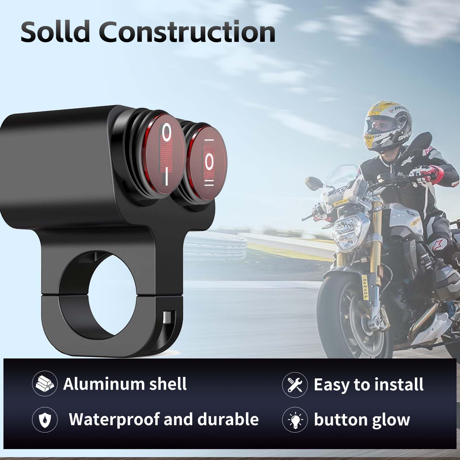 SKARORING Waterproof 7/8 Motorcycle ATV Light Bar Switch, 12V 16A CNC Aluminum Toggle with Red Indicator, Double Control (1 Pack)