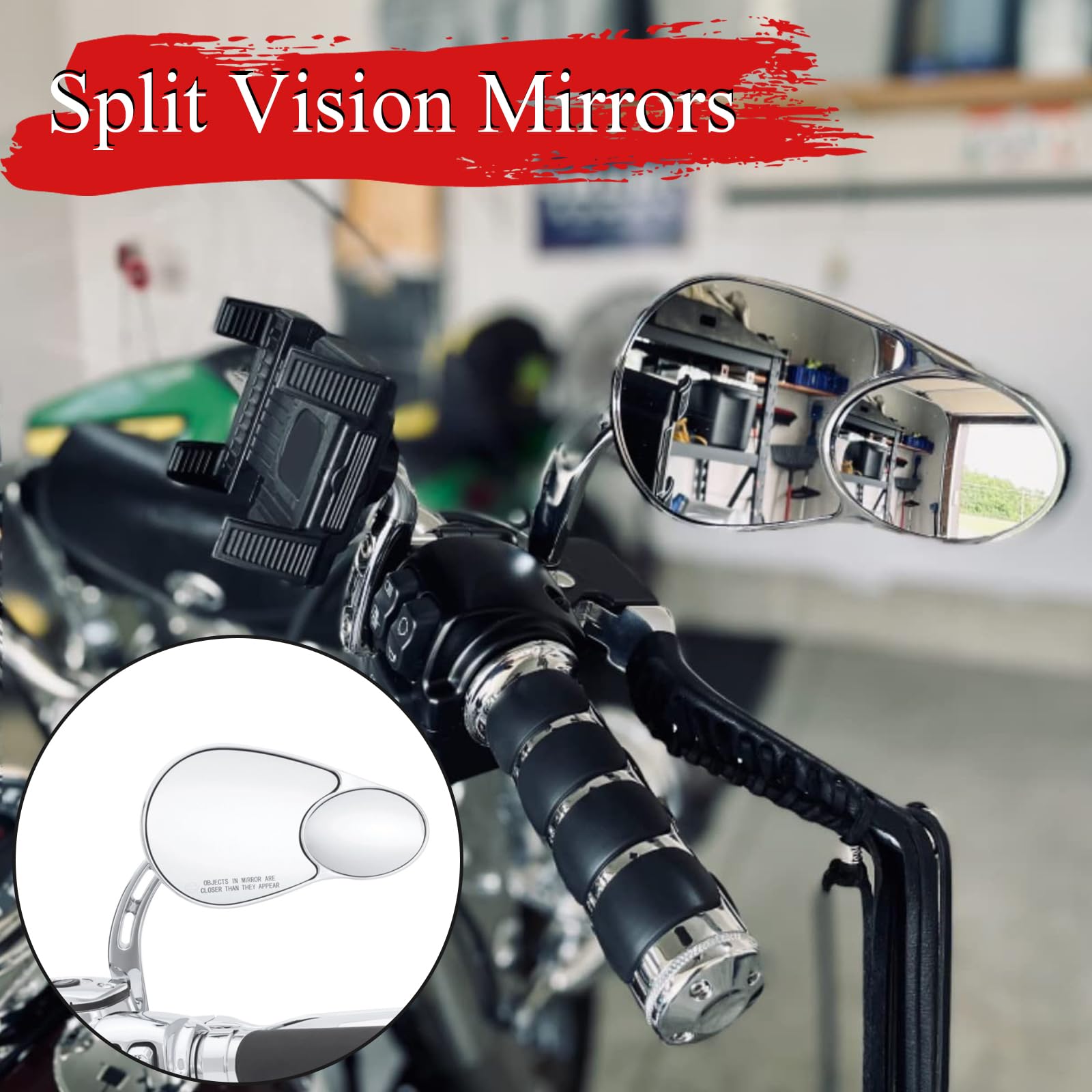 WOWTK Split Vision Rearview Mirrors for Harley 1982-2024, Chrome, Fits Most Models, Iron, Model TK-G-0099-E
