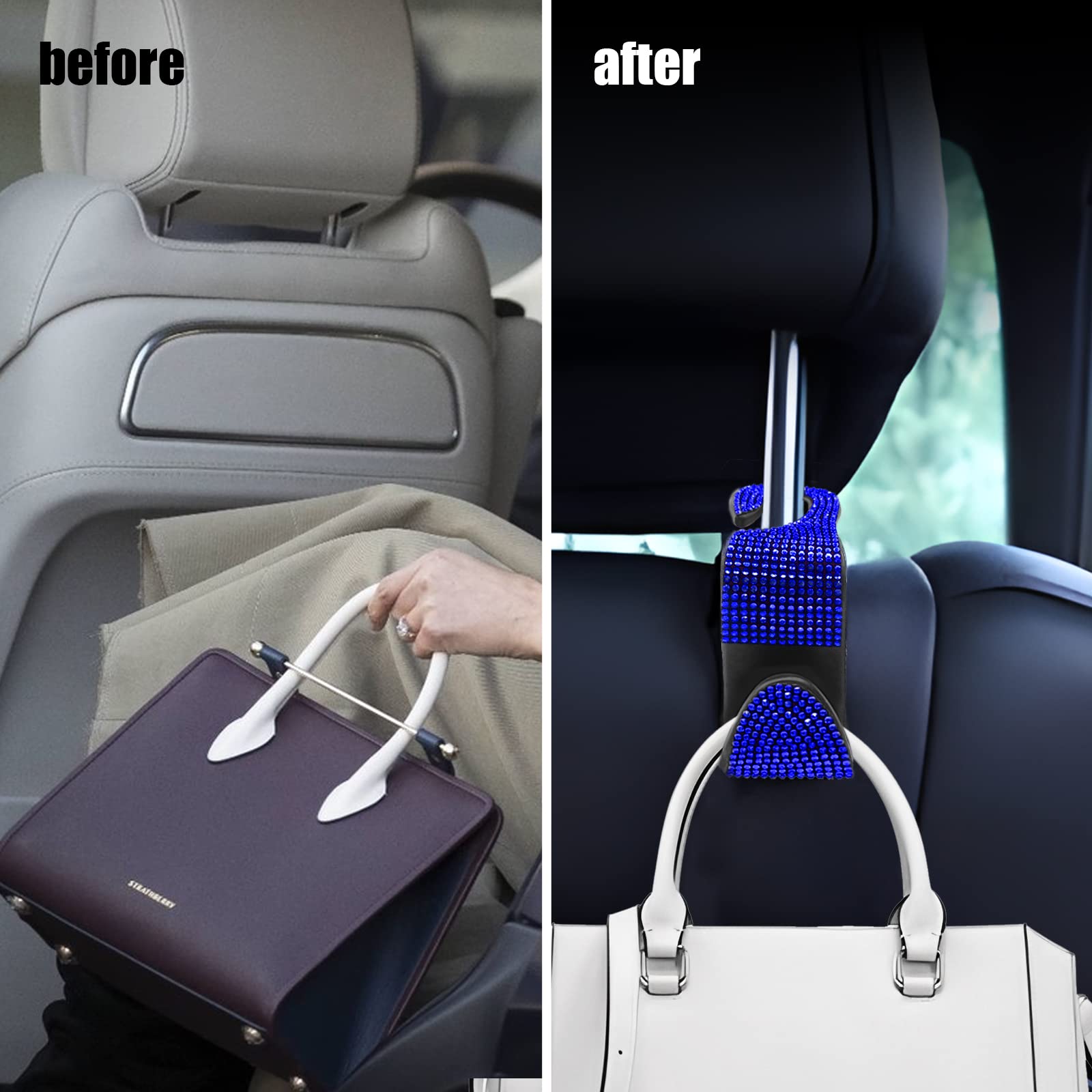 Osifit 2Pcs Car Seat Hooks, Bling Car Rhinestone Headrest Hooks, Universal Bling Car Interior Accessories, For Handbag, Clothes,