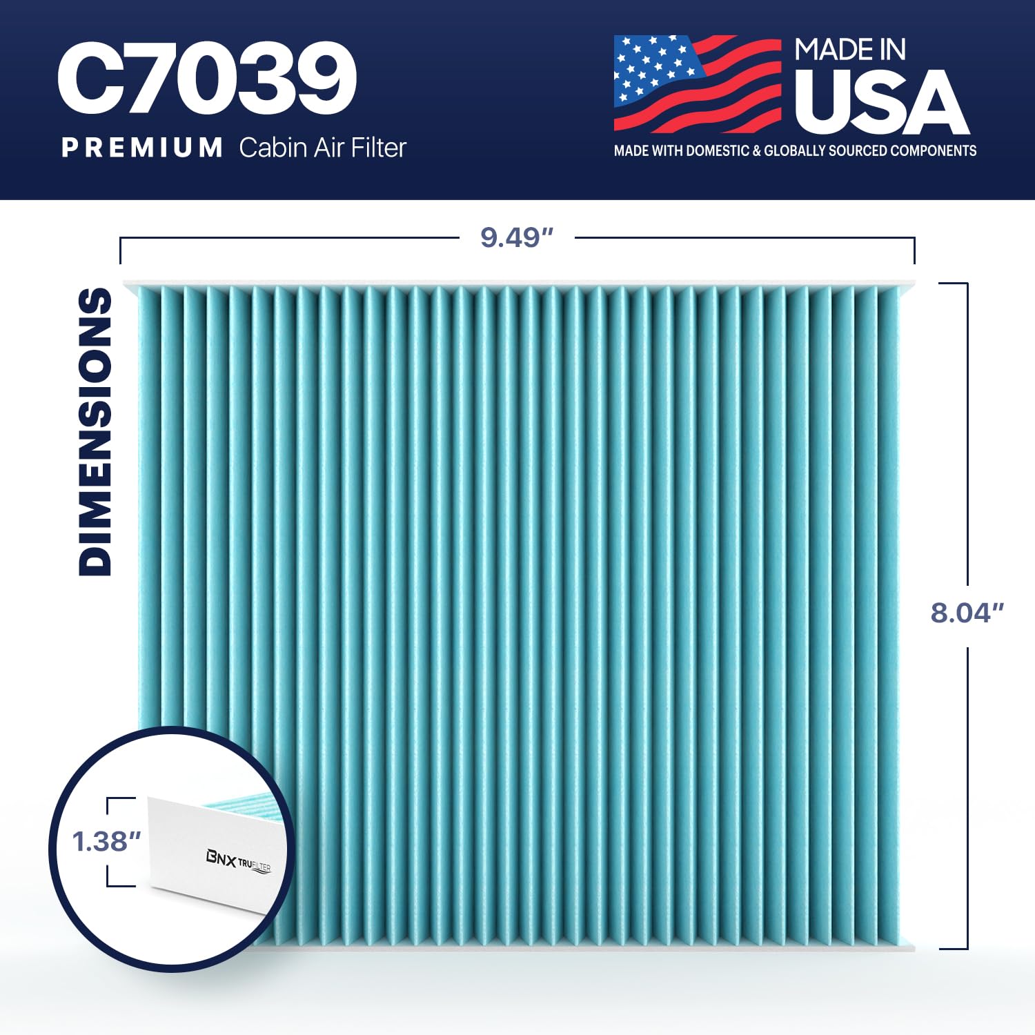 Bnx Trufilter C7039 Cabin Air Filter, Hepa 99.97%, Compatible With Chevrolet: Cruze, Malibu, Orlando, Sonic, Spark, Trax, Volt;