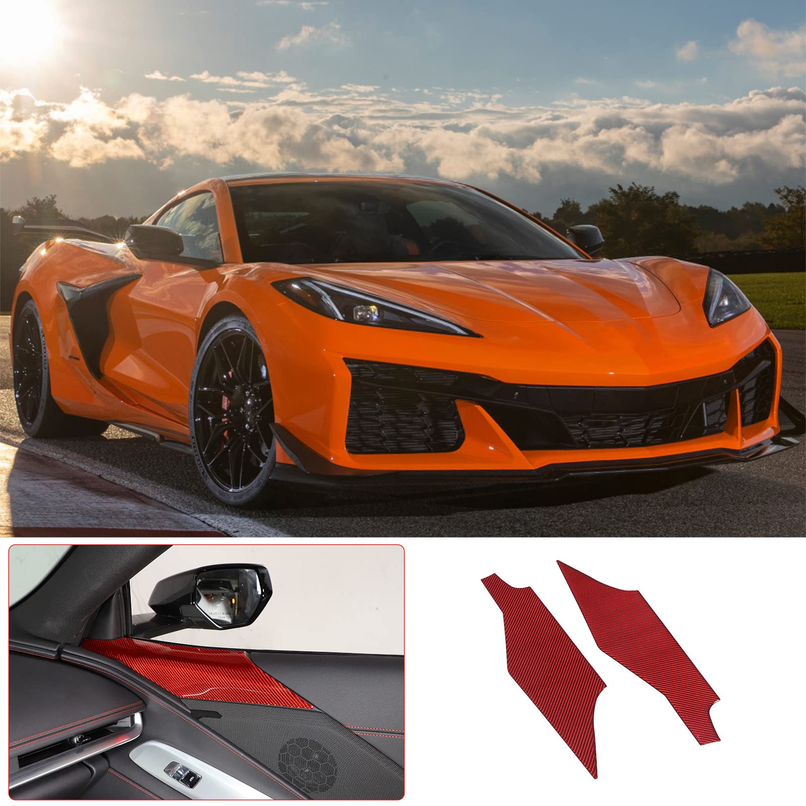 Cheayar Soft 3D Real Carbon Fiber Car Inner Door Top Panel Sticker Trim Decor Trim Kit Compatible With Corvette C8 Stingray Z06 Z51 2020 2021 2022 2023 Interior Decoration Accessories (Red)