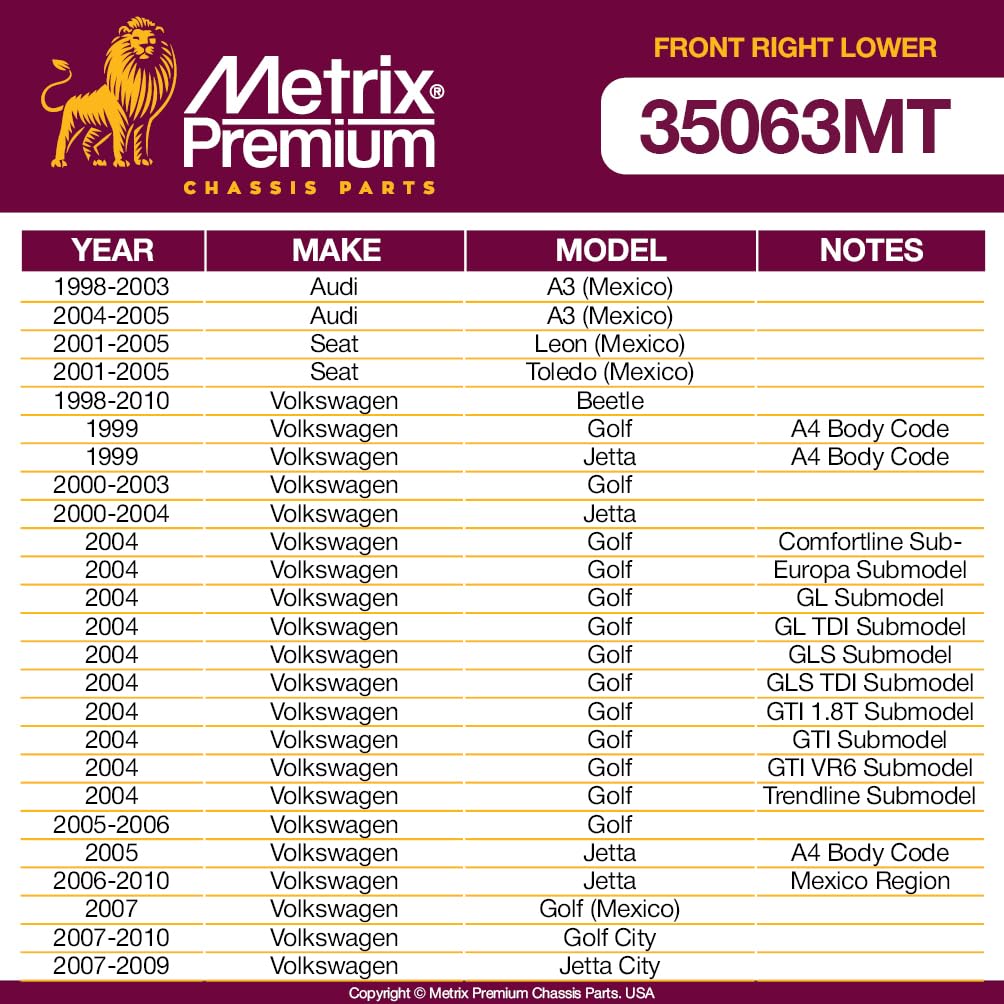 Metrix Premium Chassis Parts - Front Right Lower Control Arm And Ball Joint Assembly Fits 04-05 A3 (Mexico), 01-05 Seat Leon (Me