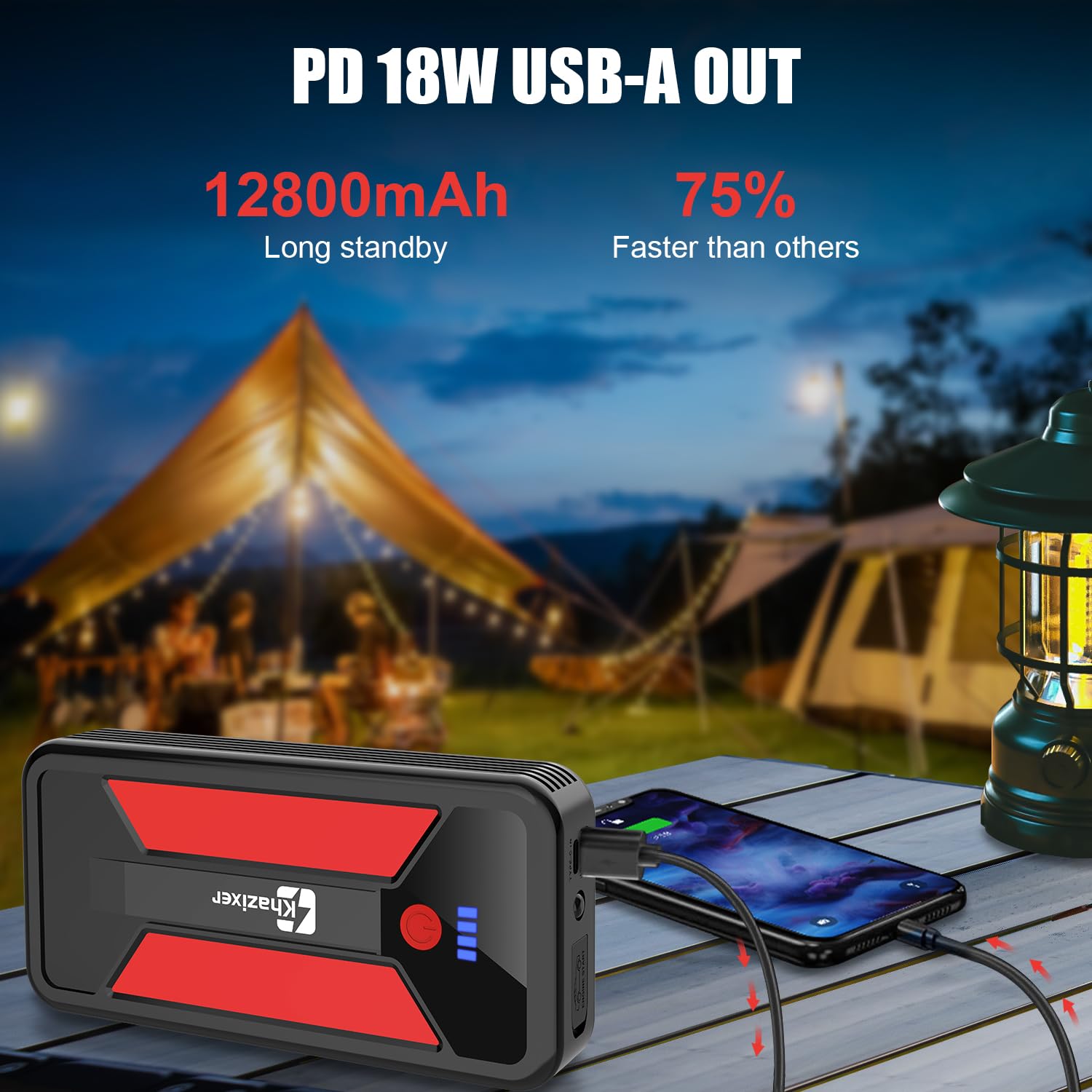 Khazixer ET02 Car Battery Jump Starter 3000A Peak, 12V Portable for Gas/Diesel Engines, Red, Plastic