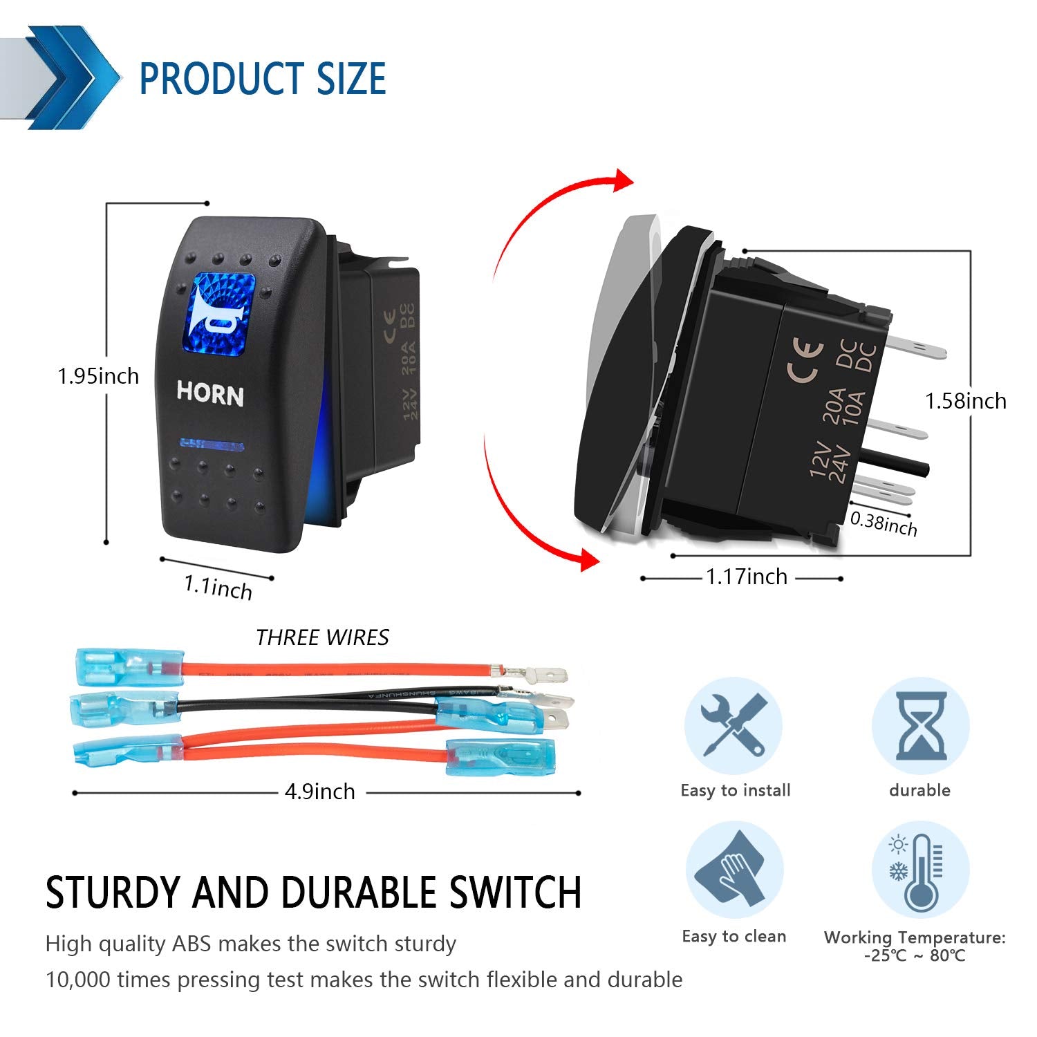KEING Momentary Horn Button Switch - Waterproof ON/OFF with Blue LED Light, 12V/24V, 20Amp/10Amp for Automotive, Marine, RVs, and More