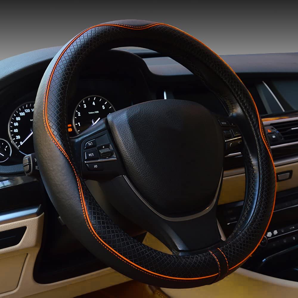 Car Steering Wheel Cover, Anti-Slip, Safety, Soft, Breathable, Heavy Duty, Thick, Full Surround, Sports Style (Black With Light Orange Line)