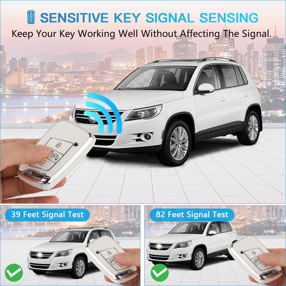 1797 VW Key Fob Cover for Type C, TPU Material, 4 Button, White Silver, Compatible with Jetta Tiguan Arteon Atlas Taos