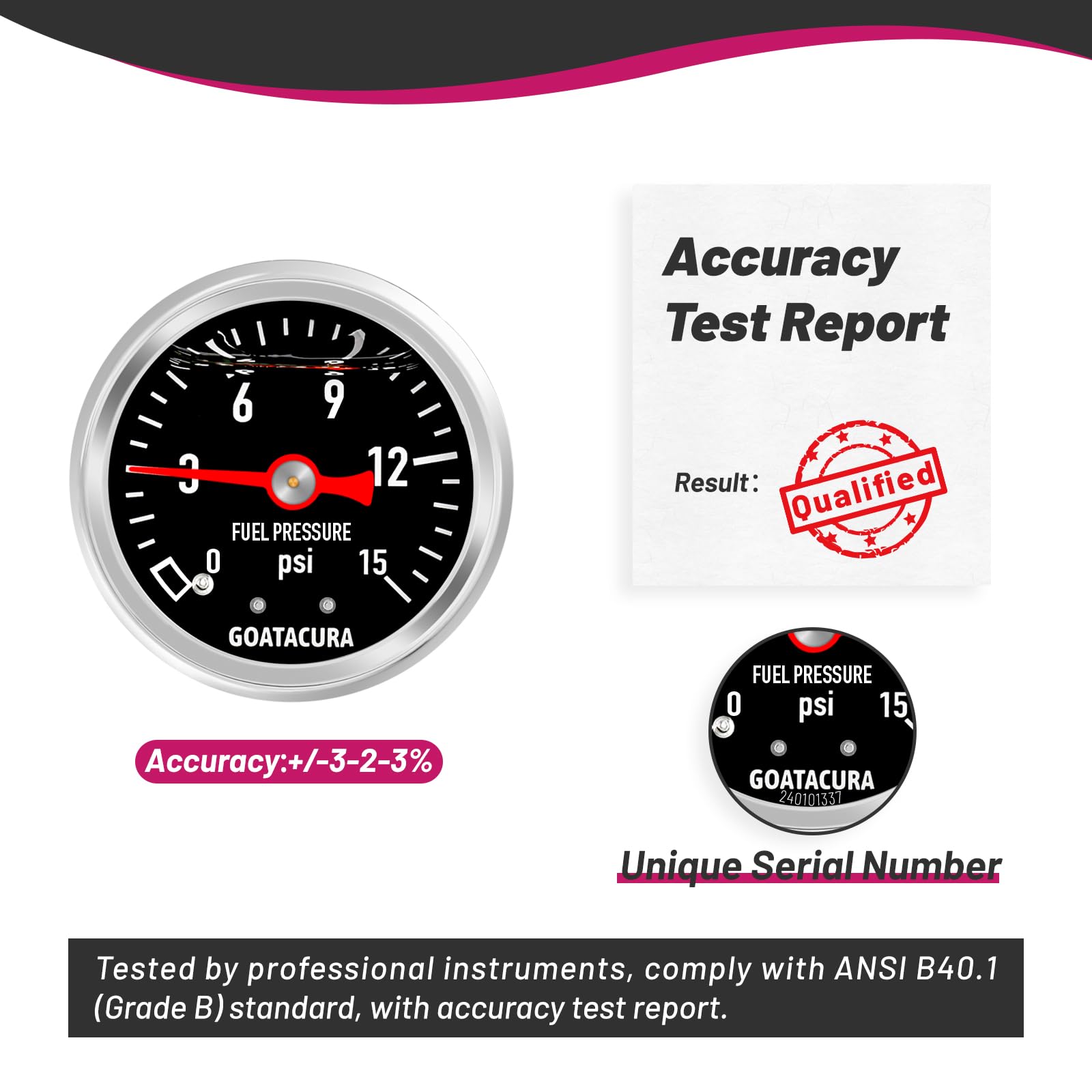 Goatacura 0-15Psi Glycerin Filled Fuel Pressure Gauge, 1-1/2'' Black Dial Size, 304 Stainless Steel Case, 1/8'' Npt Center Back
