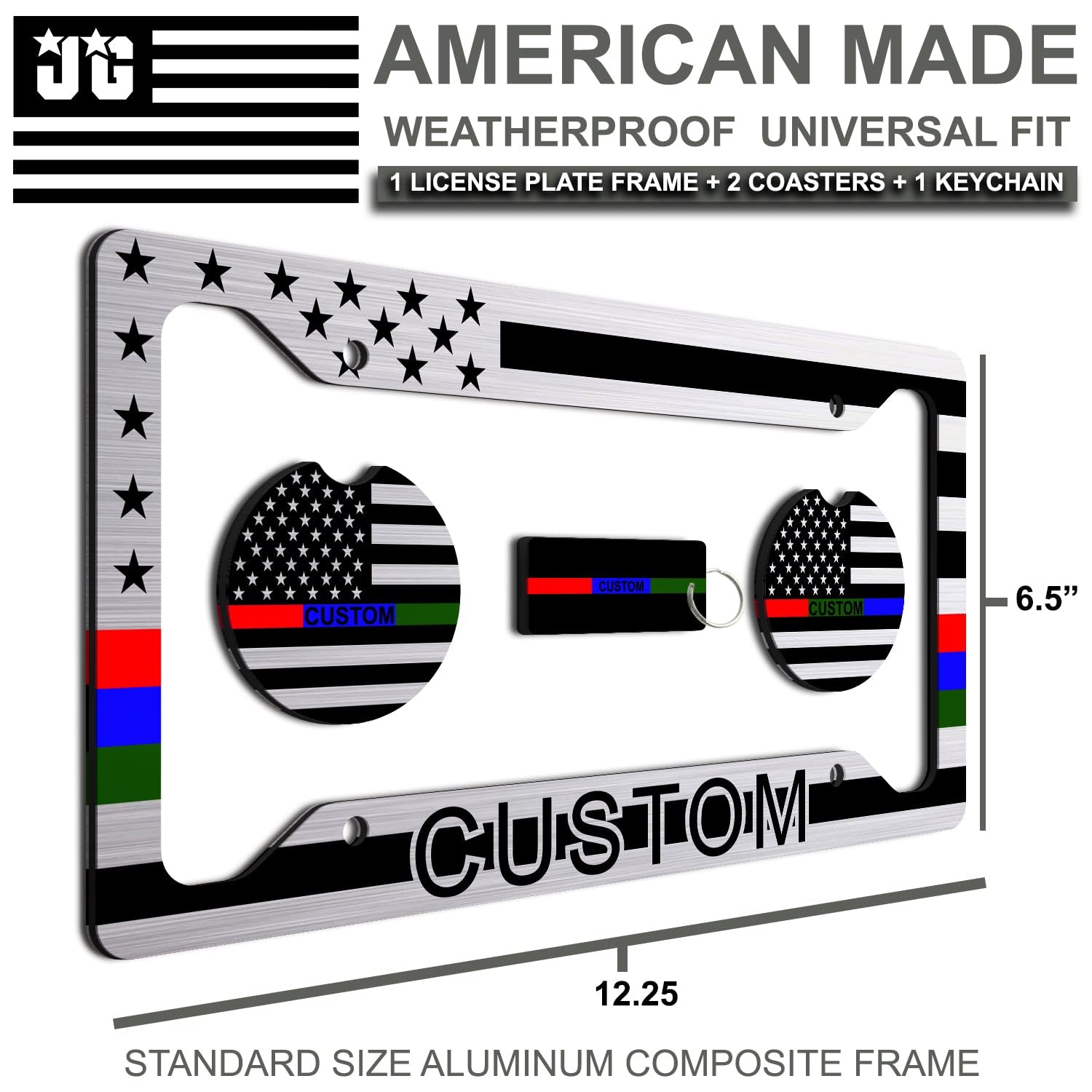 Thin Red, Blue, And Green Line - Personalized American Flag License Plate Frame + 2 Coasters And A Keychain