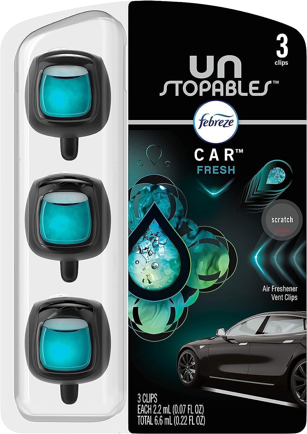 Febreze Unstopables Car Odor-Fighting Car Freshener Vent Clip Fresh, 07 Fl Oz Car Vent Clip, Pack Of 3