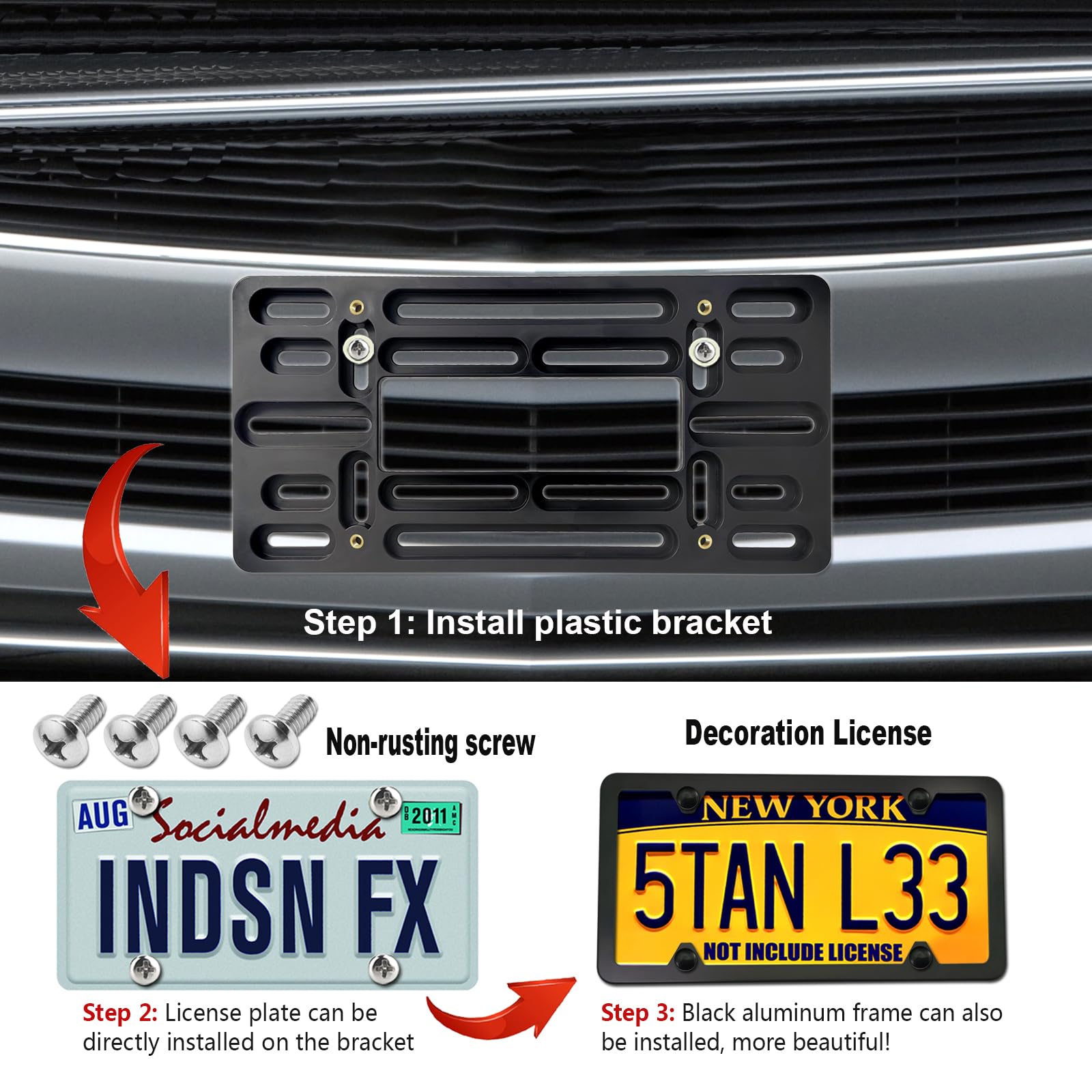 Zxfoog Front License Plate Mounting Kit- Bumper License Plate Bracket Holder & Matte Black Aluminum Tag Frame Cover, Universal 2 Drill Hole Adapter For Car/Truck/Trailer