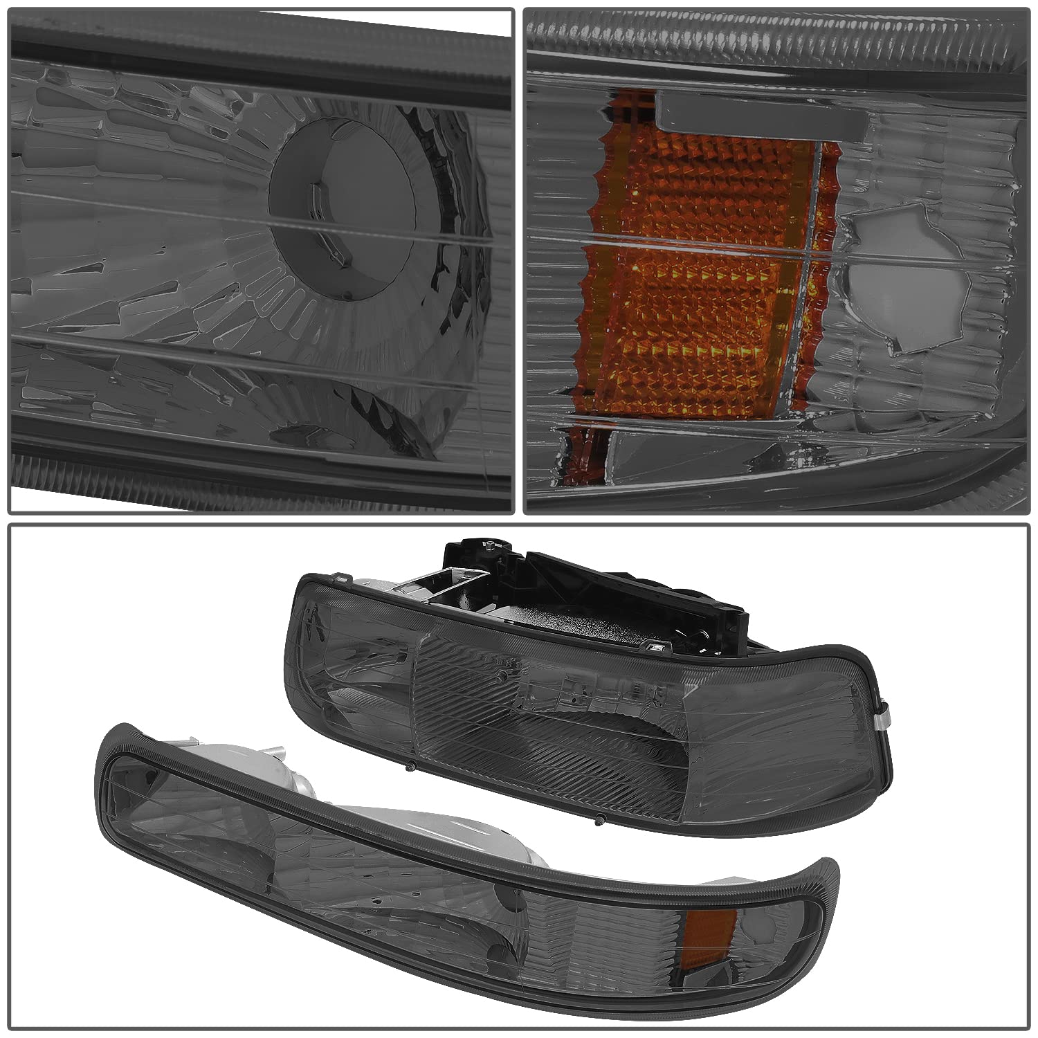 DNA MOTORING HL-OH-CS99-4P-SM-AB Smoke Lens Headlights Compatible with 99-02 Silverado 00-06 Suburban/Tahoe Bottom Bumper Lights