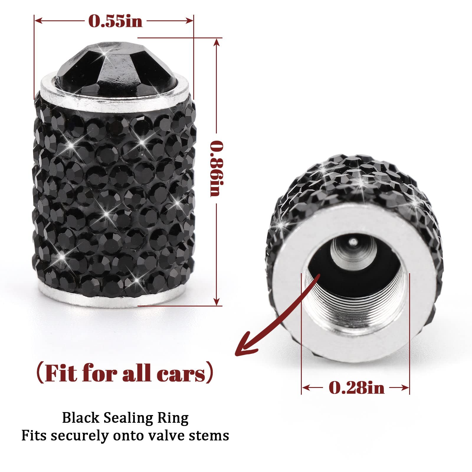 ToBeQueen Bling Tire Valve Covers - Handmade Crystal Rhinestone, Black, 4 Pack, Universal Dustproof Car Accessories for SUV/Motorcycle/Bike