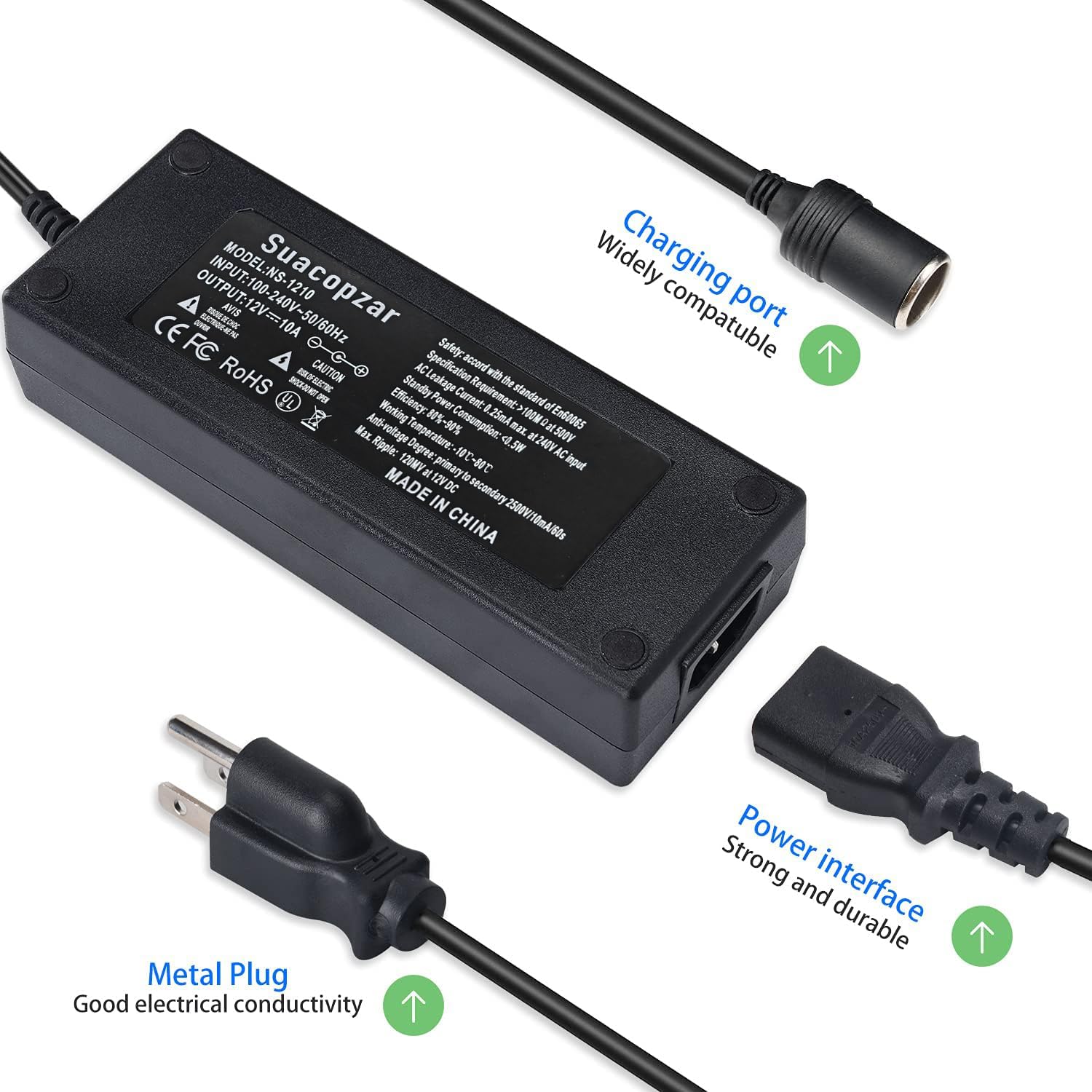 Suacopzar 10Ft Ac To Dc Converter 110V To 12V 10A 120W Power Supply Car Cigarette Lighter Adapter To Wall Plug, 3 Pin Socket Ac