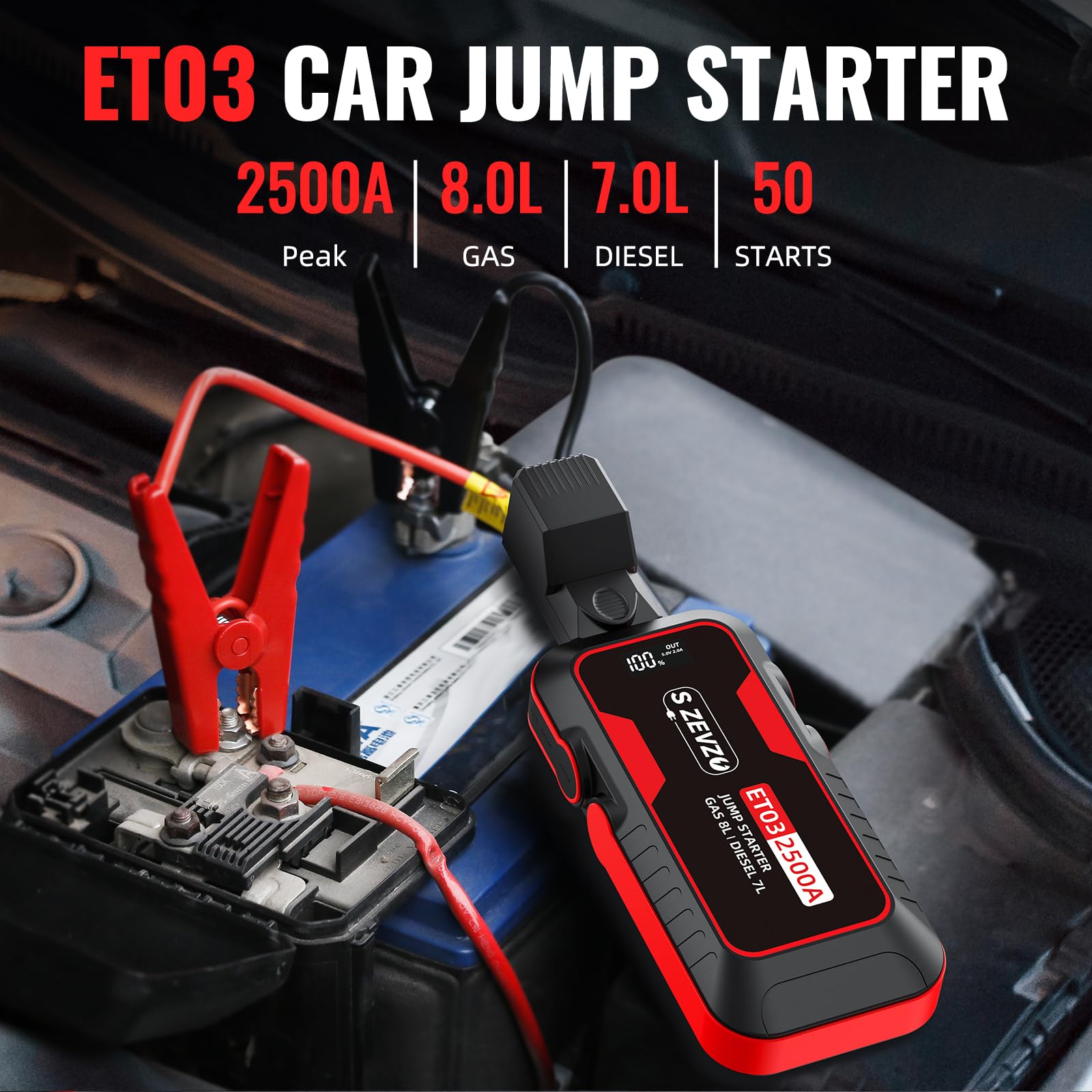 S ZEVZO ET03 Car Jump Starter 2500A for 8.0L Gas & 7.0L Diesel, Red, Portable 12V with USB Ports, LCD Display &