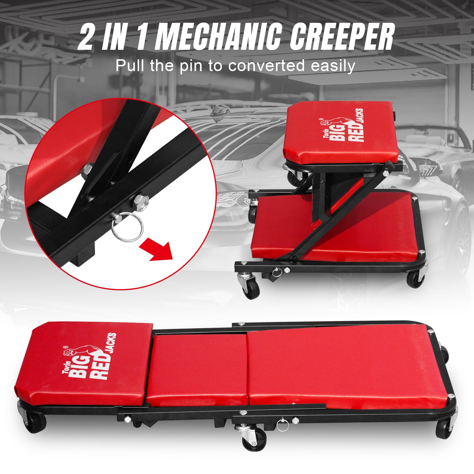 BIG RED 36" Foldable Z-Creeper Seat - 2-in-1 Garage Creeper with 6 Wheels, 300 Lbs Capacity, Red, Model ATR6036ZER