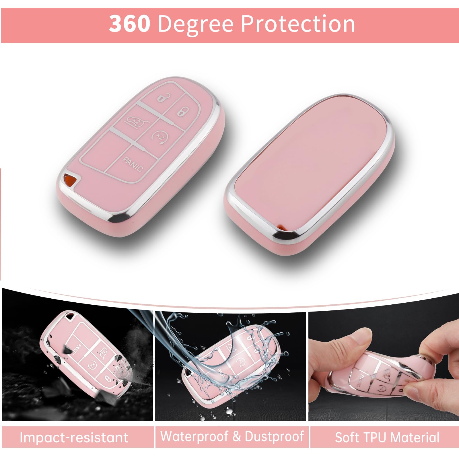 Pangpai Pink Key Fob Cover for Jeep, Soft TPU Key Case Protection with Bling Keychain Fit for Jeep Grand Cherokee Renegade Wrang