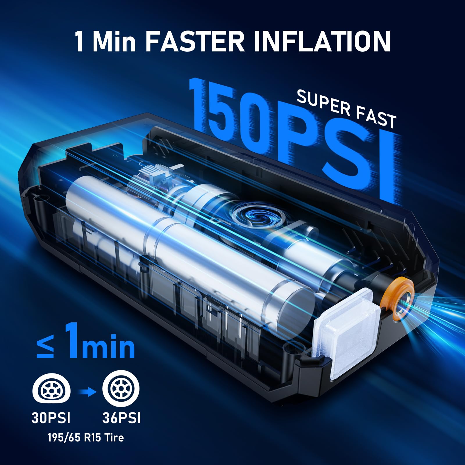 NUSTE Portable Tire Inflator Air Compressor, Digital Pressure Gauge, 150PSI, Rechargeable, Small, Black, Model Q12