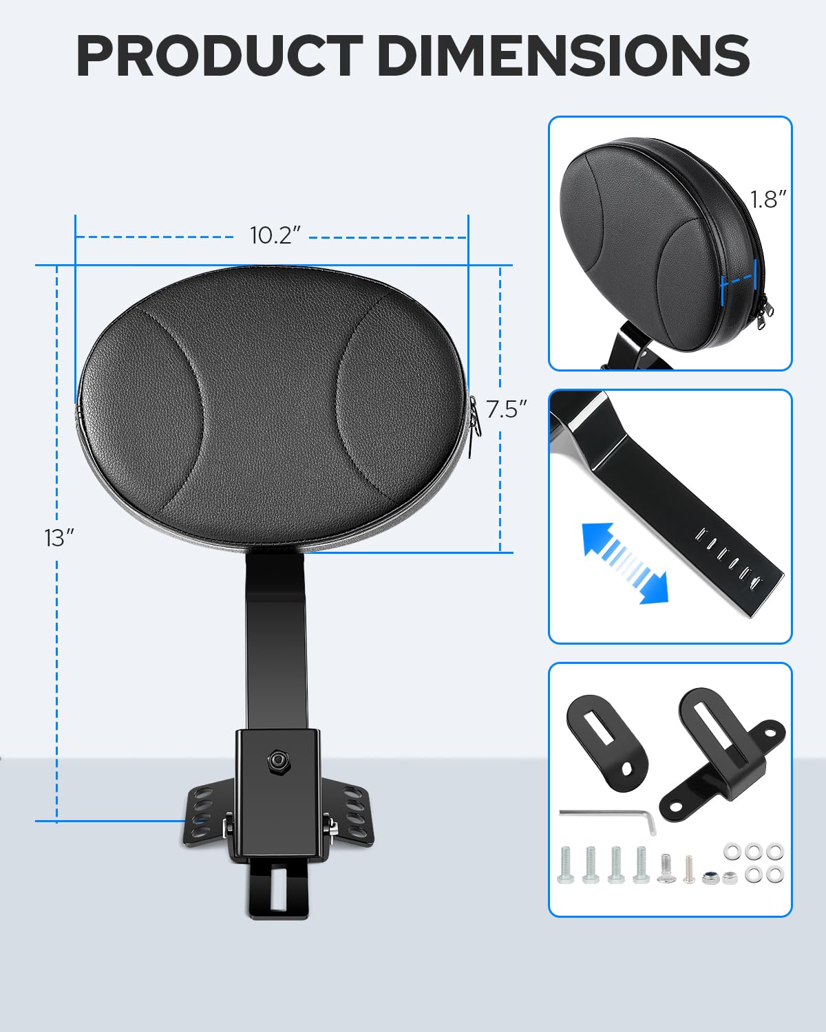 Benlari Adjustable Driver Backrest for Harley Davidson Touring Models, Steel & PU Leather, Black, Model DB-DTE45, 1997-2024