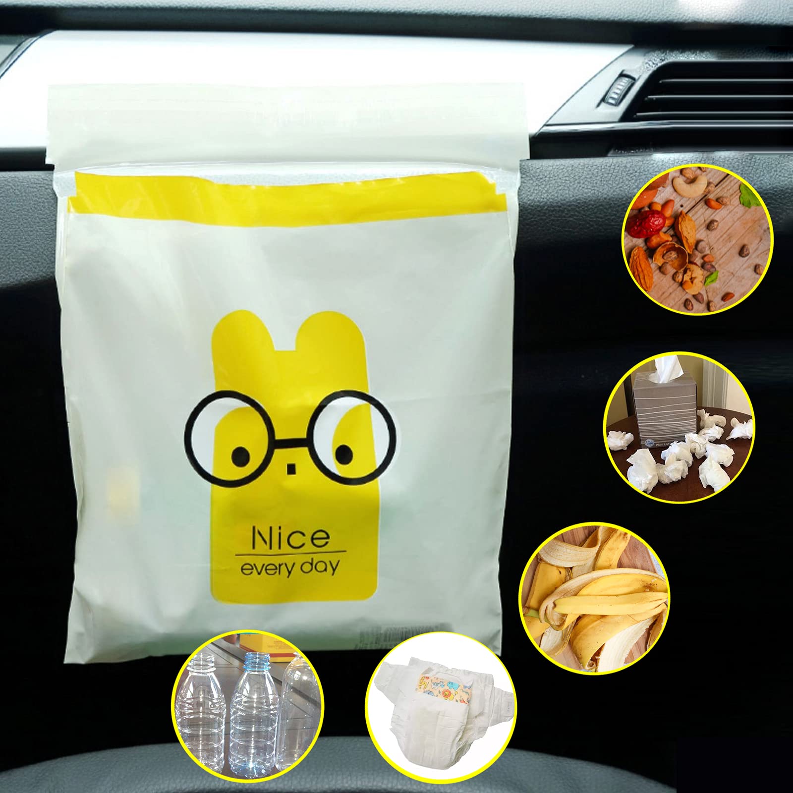 52Pcs Car Trash Bags Easy Stick-On Disposable Portable Car Garbage Bags, Waterproof Leak Proof Barf Vomit Bags, Self Adhesive Cl