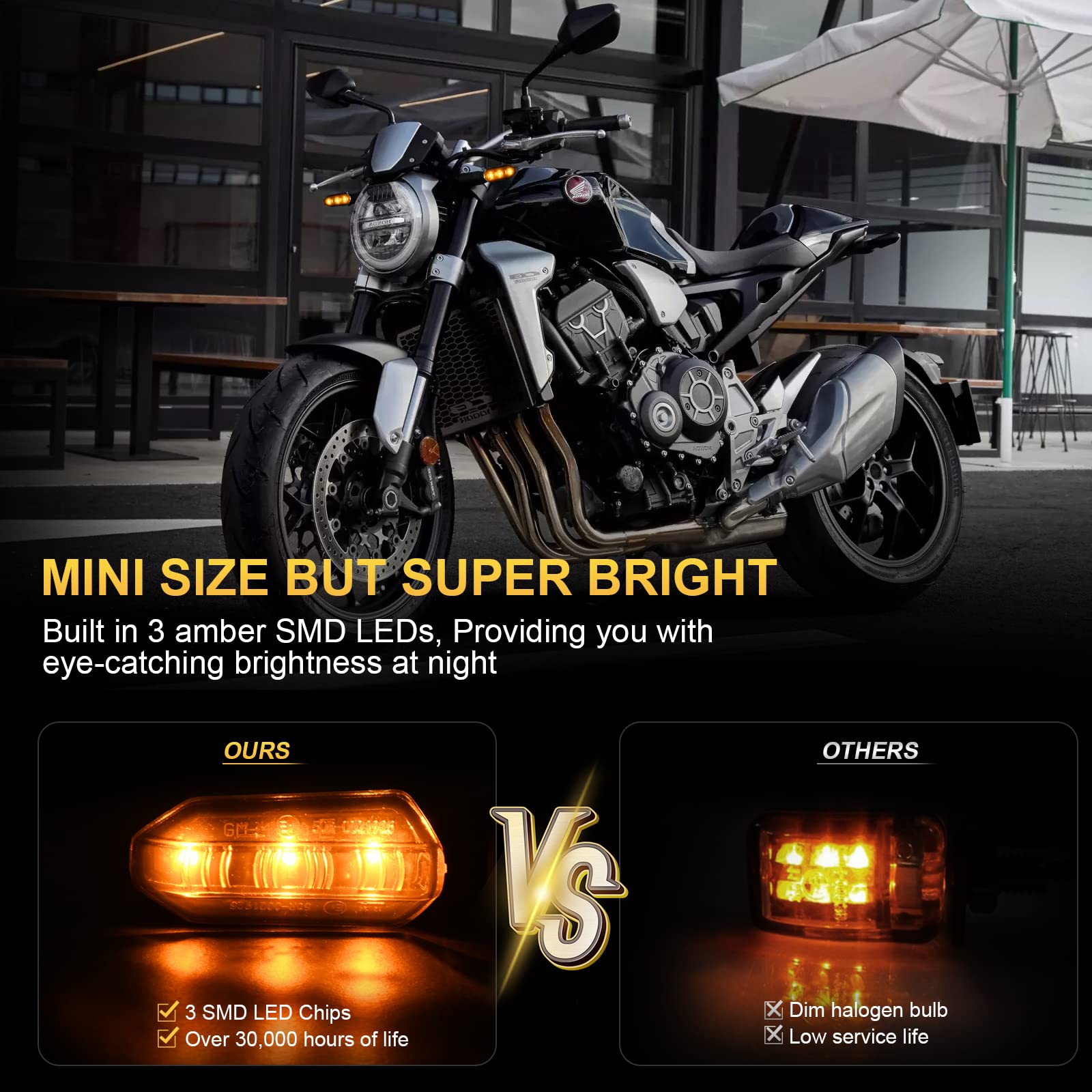 CHCSHH Motorcycle Turn Signals 12V LED Amber Blinker Lights for Motorbike, Scooter, Off Road, Quad - Model Moto-1