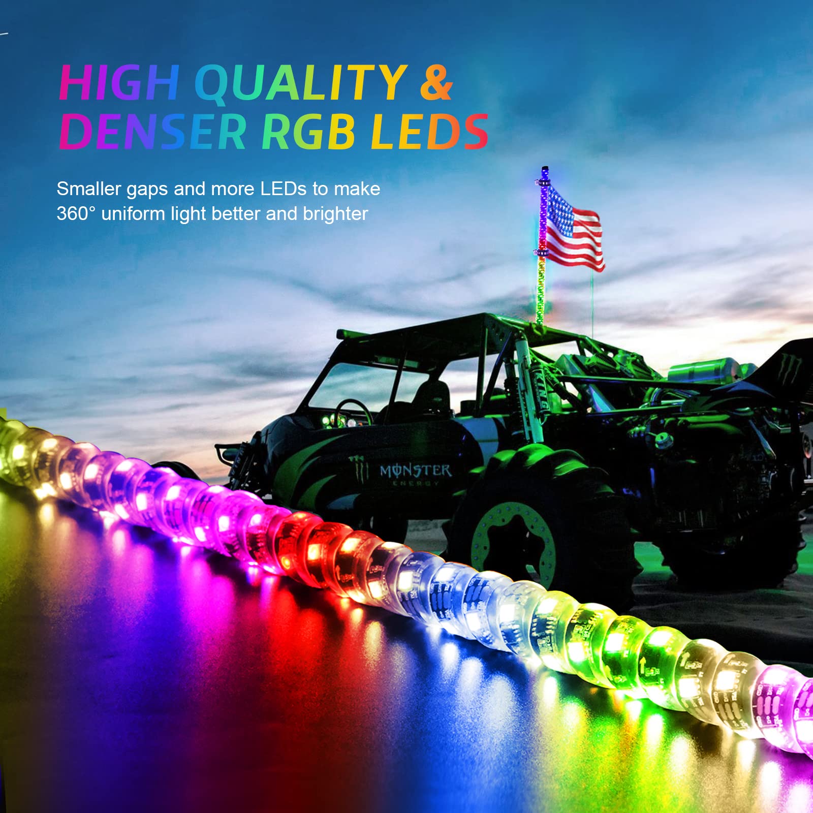 Ehaho 2 Pack 2Ft Whip Lights With Spring Base,Led Whip Light With App & Remote Control, Spiral Rgb Chasing Lighted Whips With Rocker Switch, Music Whip Light For Utv Atv Polaris Rzr Can-Am Sxs Truck