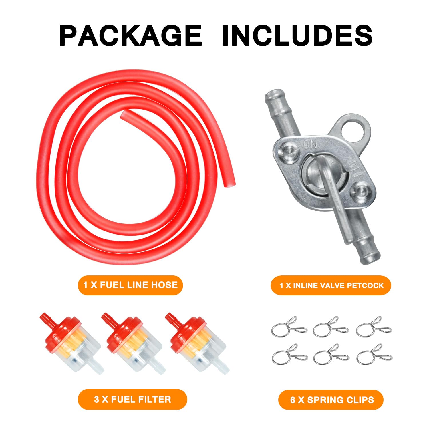 HOLATO Gas Fuel Line Hose Clamps & Fuel Filters Set with Inline Shut Off Valve for 50cc-150cc ATV, Medium, Red, Model HLT-YG-KG