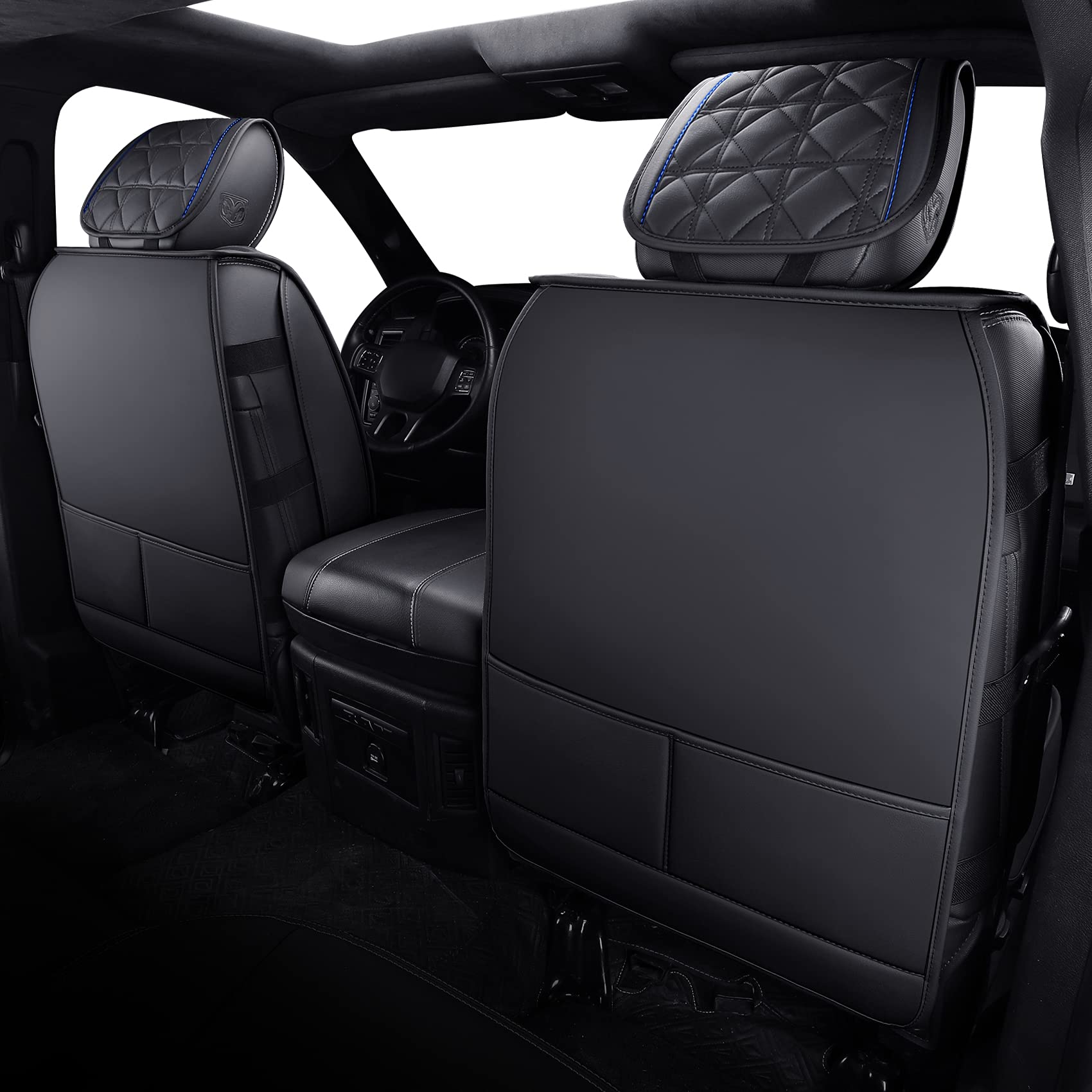 YIERTAI Leather Seat Covers for Dodge RAM 1500HD/2500/3500HD (2009-2025) - 5 PCS Full Set - Black-Blue, Model CP