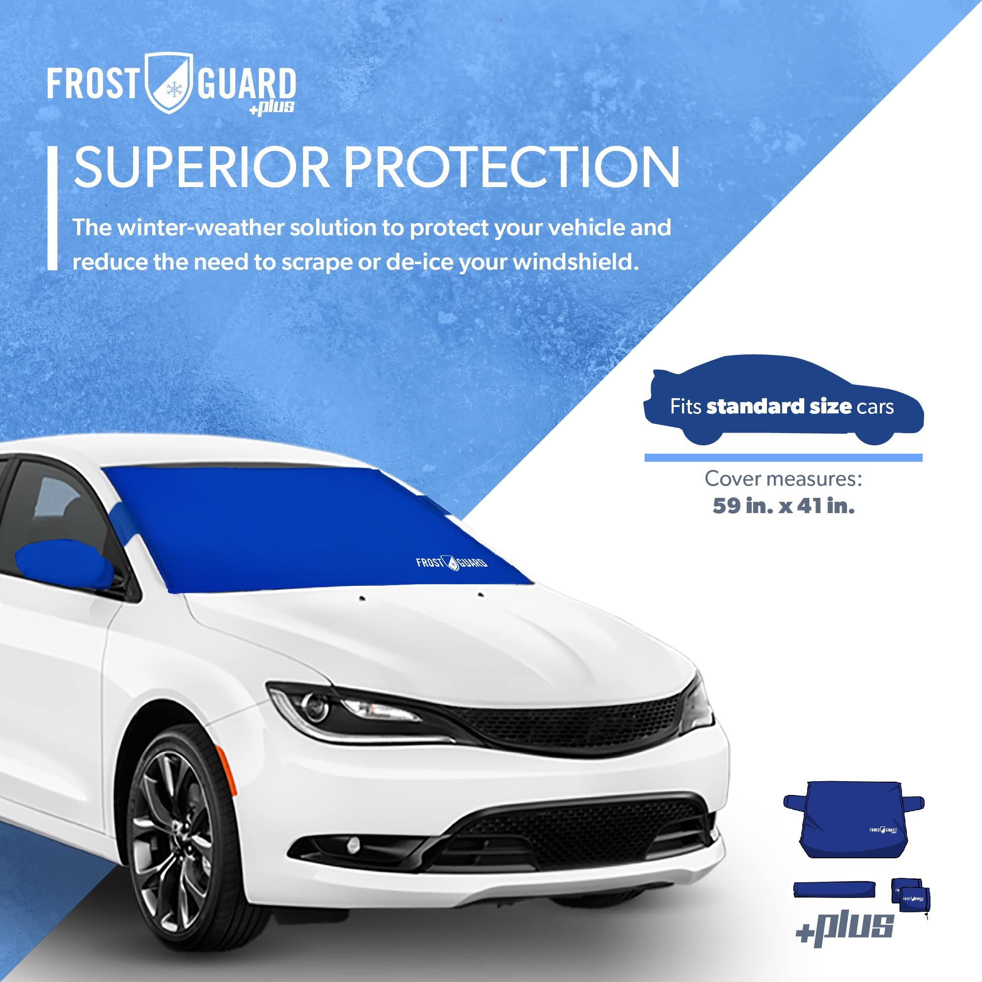 FrostGuard Plus Winter Windshield Cover - Indigo, Standard Size 59x41", Built-in Security Panels, Wiper Blade & Mirror Coverage
