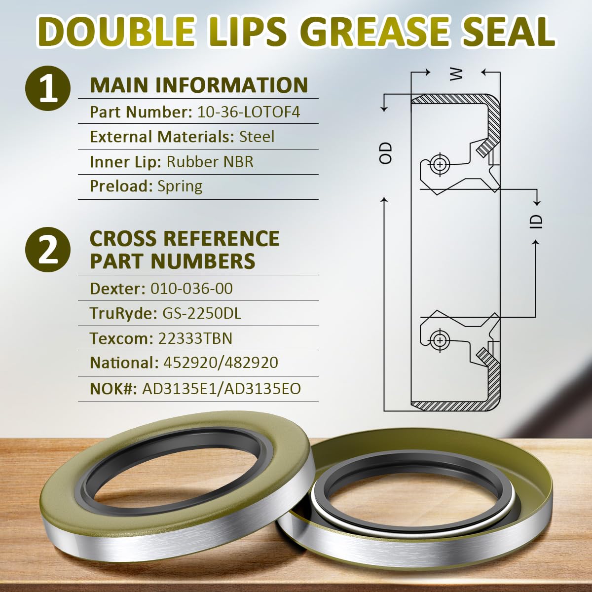 NOOTO 4 Pack 10-36-LOTOF4 Double Lip Grease Seal 2.25 x 3.376 for Dexter 010-036-00, TruRyde GS-2250DL, Texcom 22333TBN, Nationa