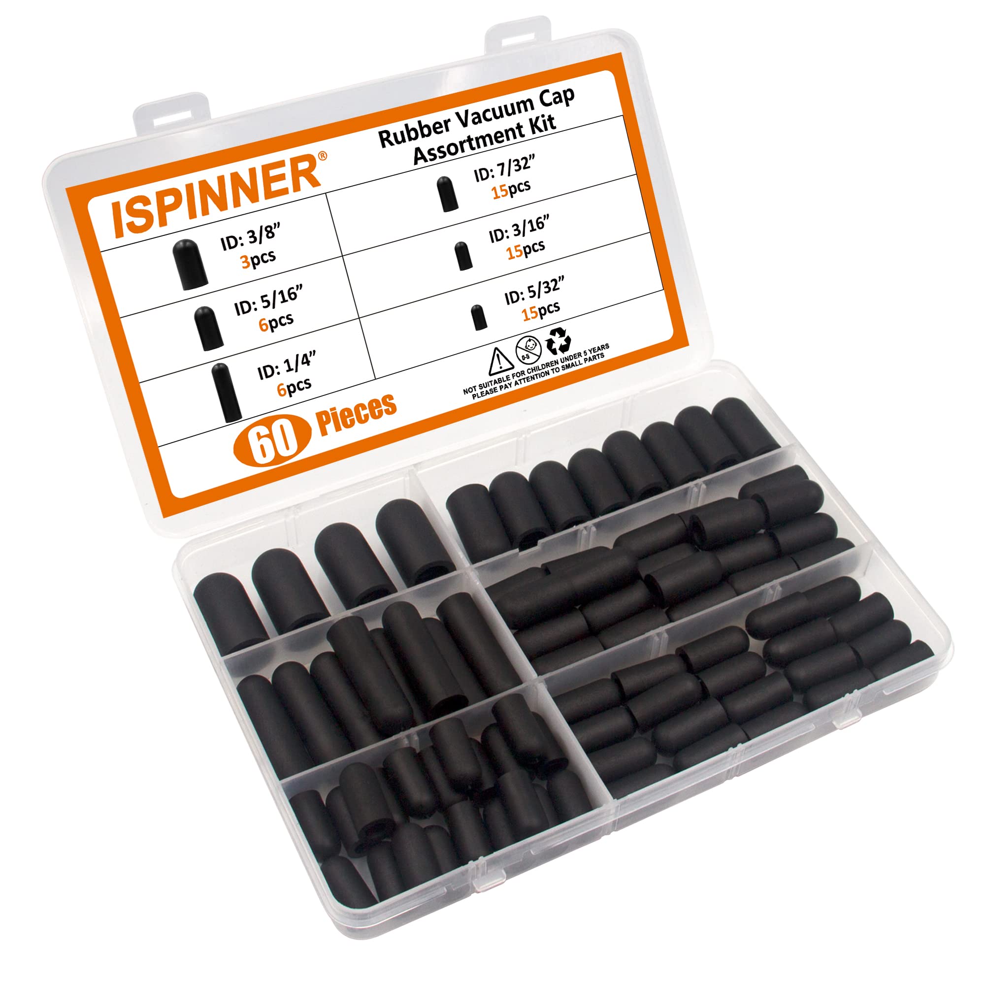 ISPINNER 60pcs Rubber Vacuum Caps Assortment Kit, Hose End Caps for Carburetor, Manifold, Automotive 3/16'' 5/32'' 7/32'' 1/4''